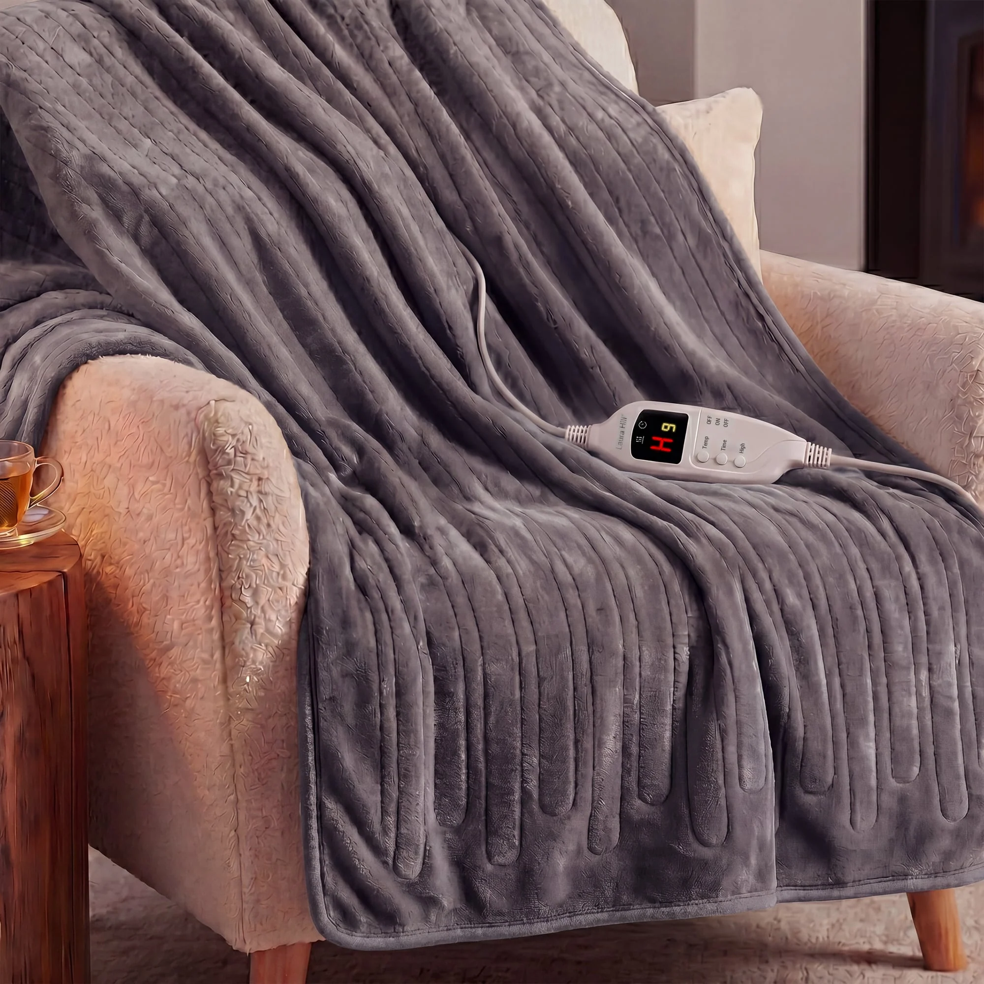 Laura Hill Heated Electric Blanket Fleece Throw (Grey) - Image 6