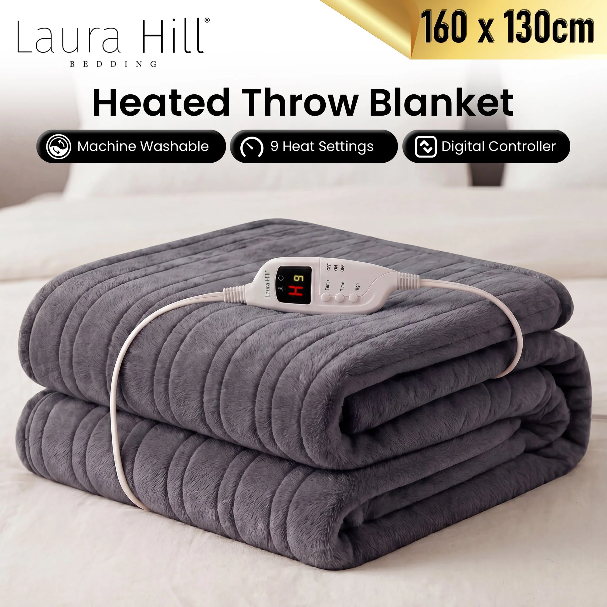 Laura Hill Heated Electric Blanket Fleece Throw (Grey) - Image 7