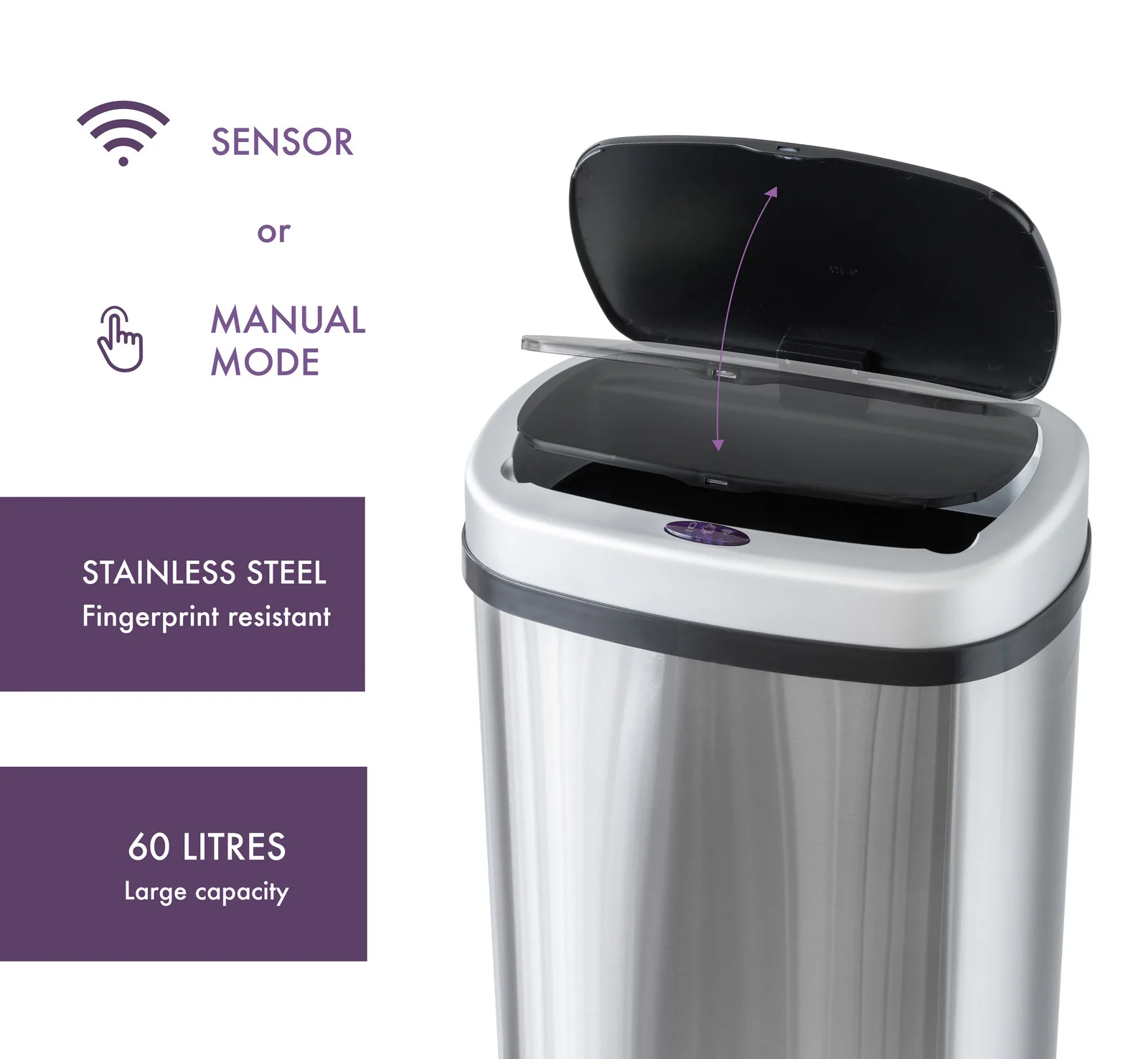 Lenoxx 60L Stainless Steel Motion Sensor Rubbish Bin - Image 4
