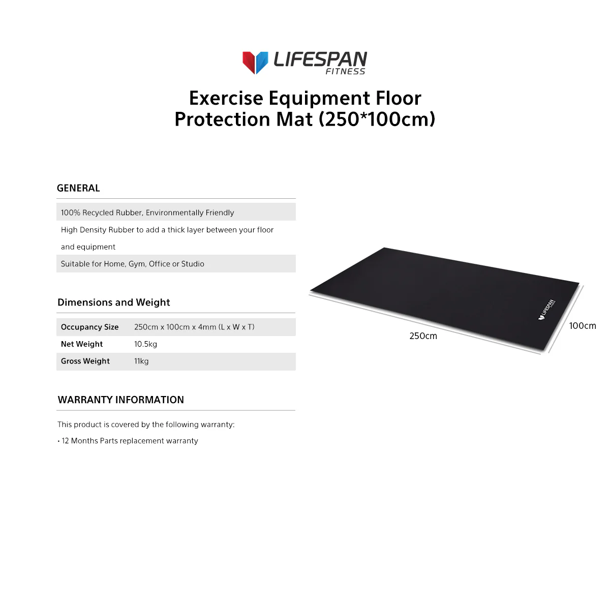 Lifespan Fitness Exercise Equipment Floor Protection Mat (250*100cm) - Image 7