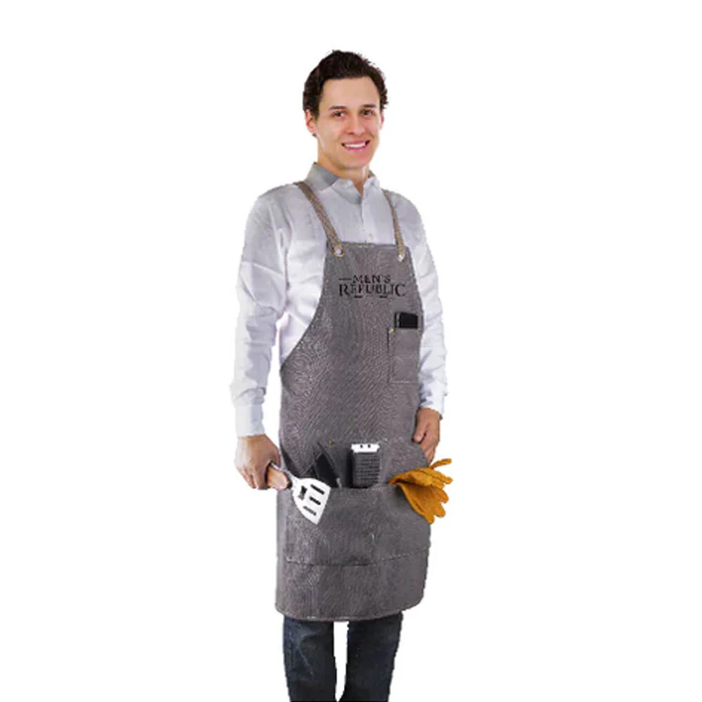 Men's Republic BBQ Cooking/Grilling Outdoor Apron w/ Pockets - Grey Canvas - Image 2