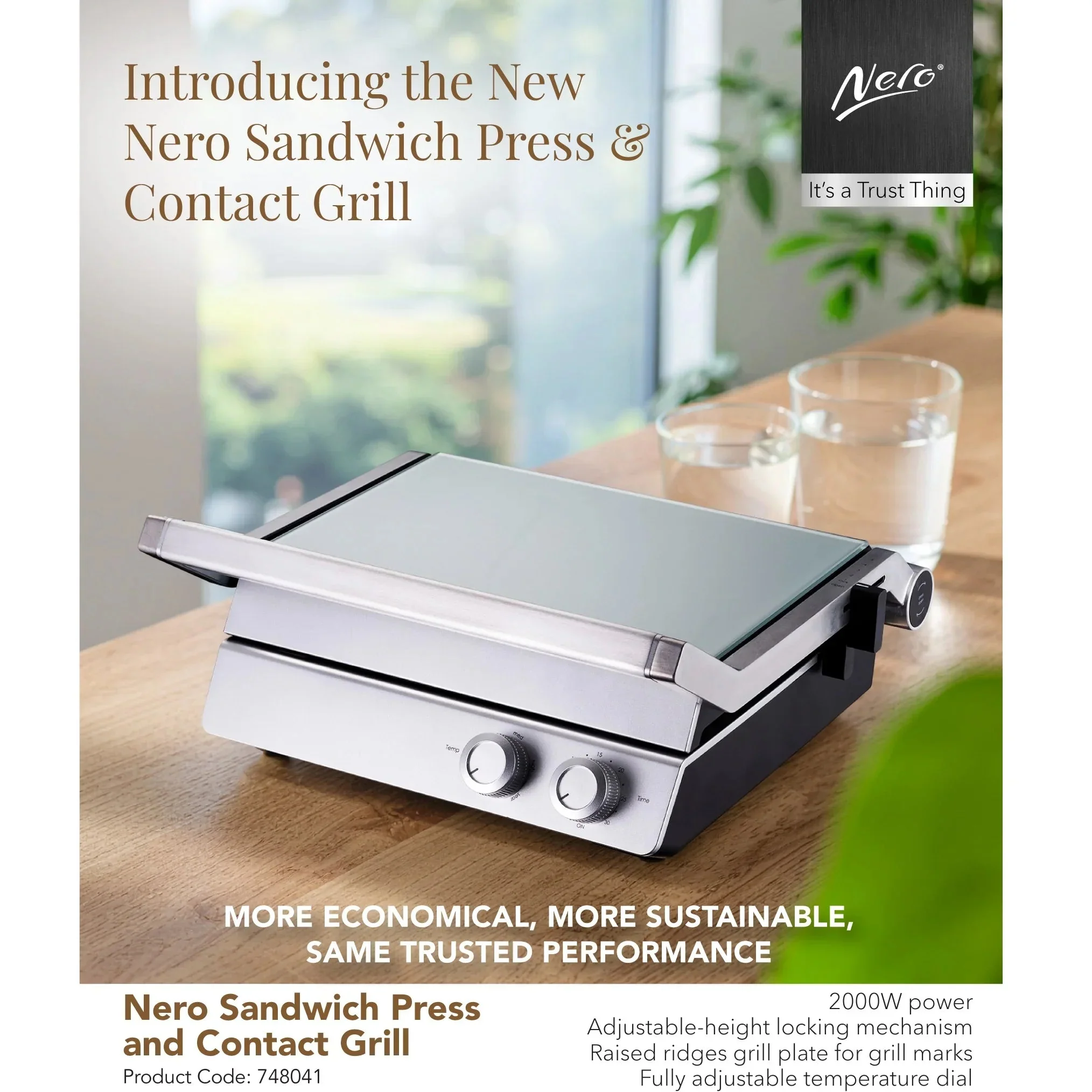 Nero Deluxe Sandwich Press Toaster Contact Grill 4 Slice Grooves with Timer - Image 2