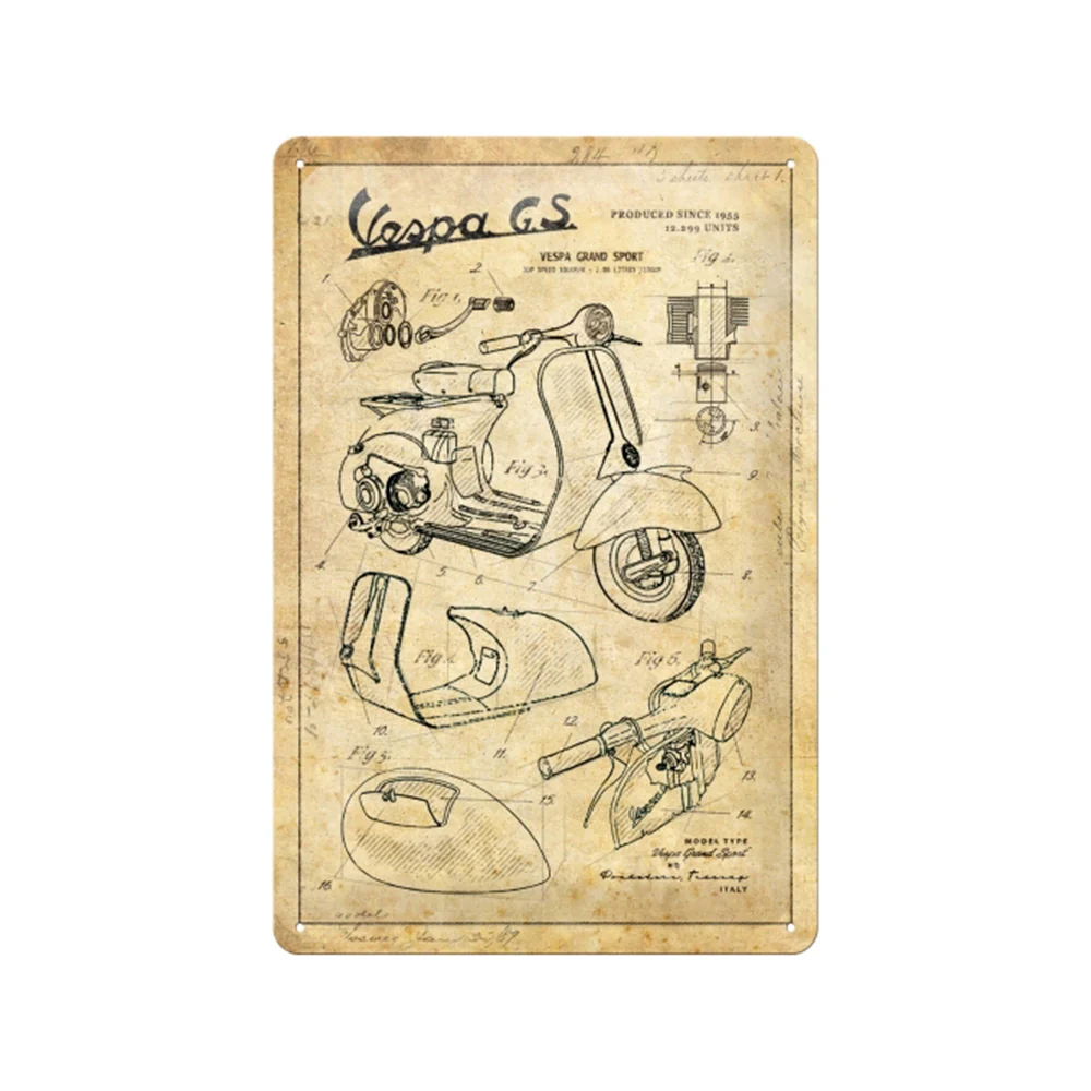 Nostalgic-Art 20x30cm Medium Metal Wall Hanging Sign Plaque Vespa Parts Sketches
