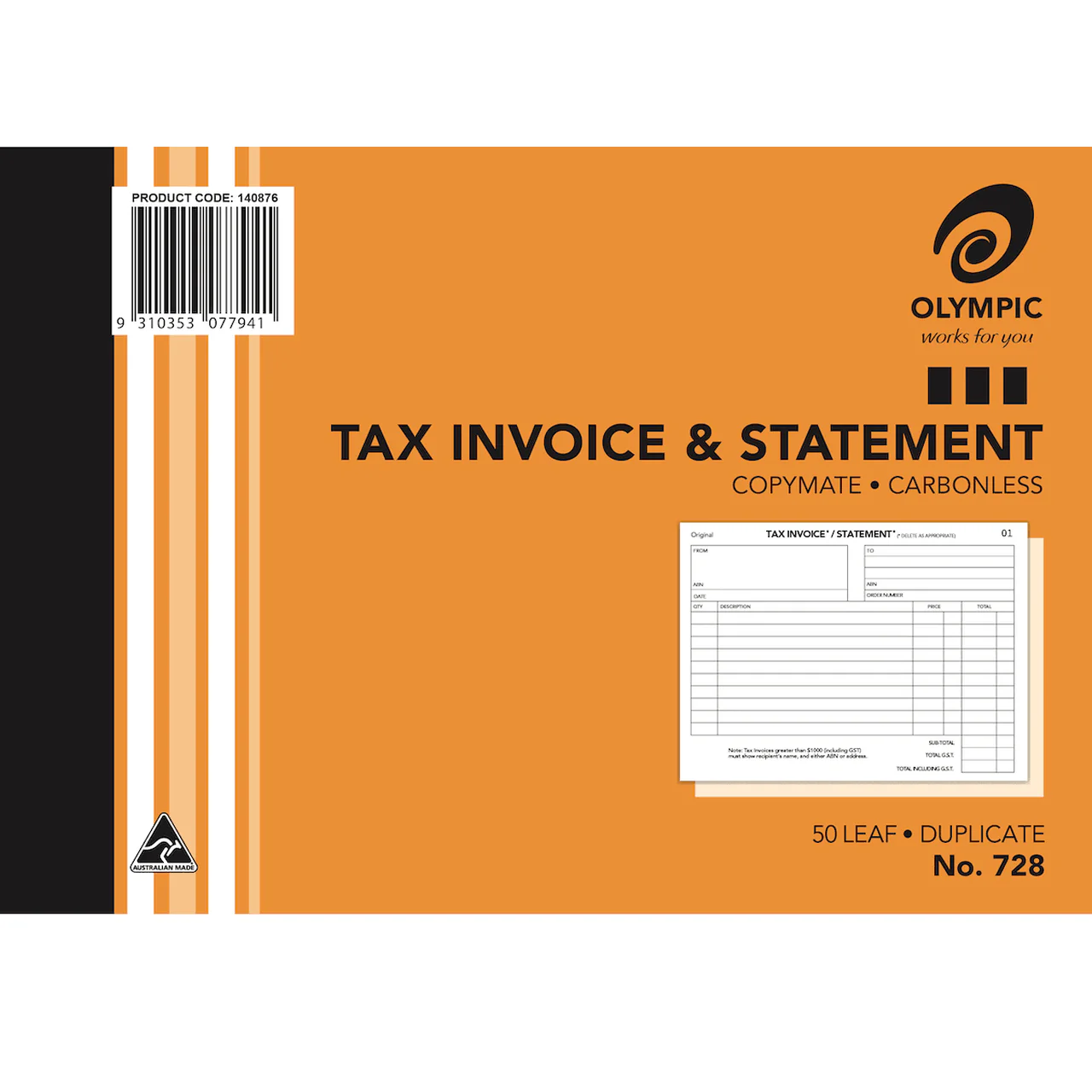 Olympic 10 Pack 728 Duplicate Tax Invoice & Statement Book 50 Leaf Bulk - Image 2