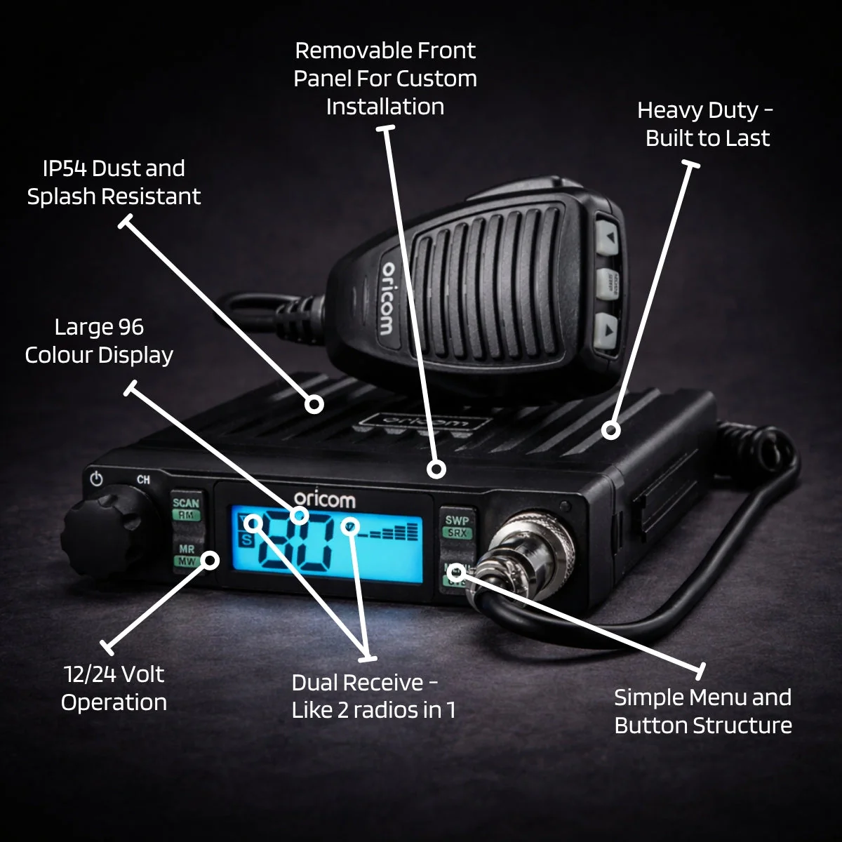 Oricom DTX4000 Dual Receive UHF CB Radio and ANU216 6.5dBi Antenna (DTX4000VP216) - Image 2