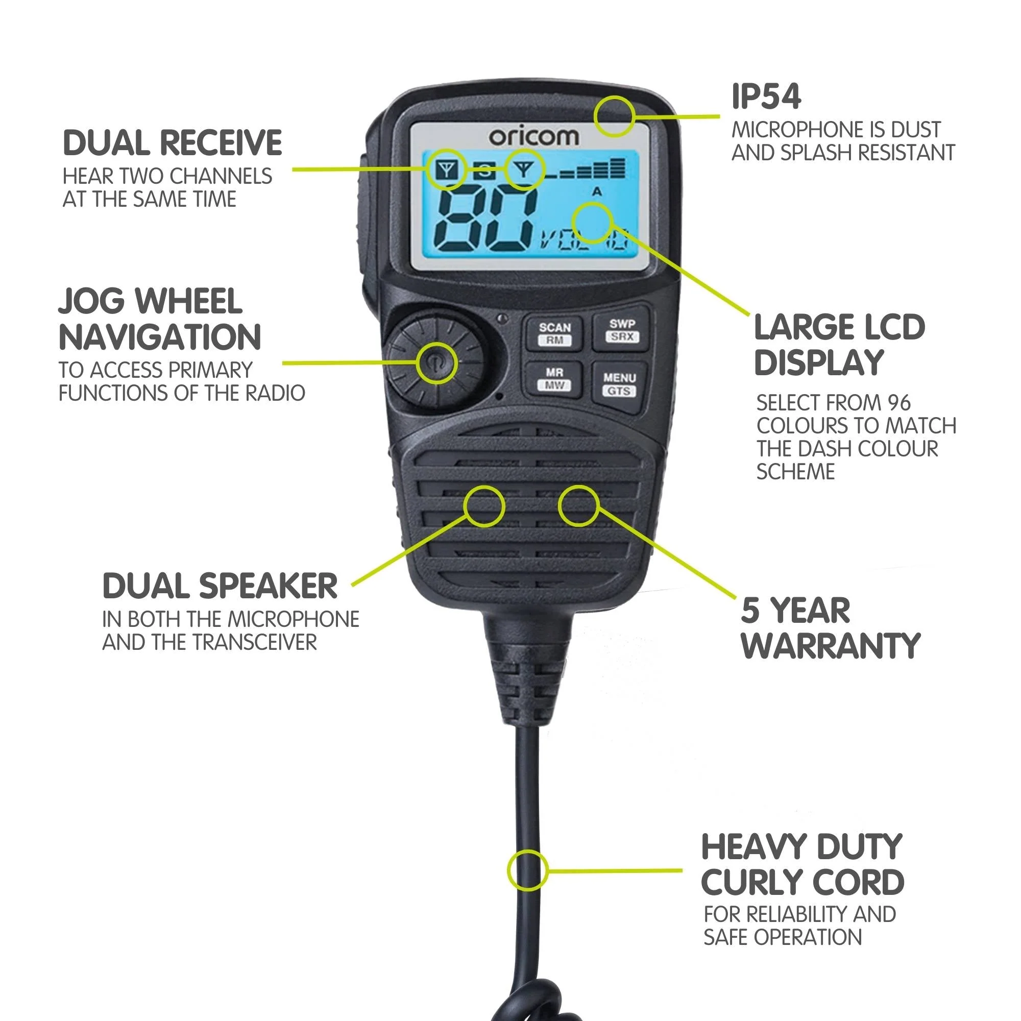 Oricom UHF350DR Dual Receive UHF CB Radio with Controller Speaker Mic + ANU316 4.5dBi UHF CB Antenna Pink - Image 4
