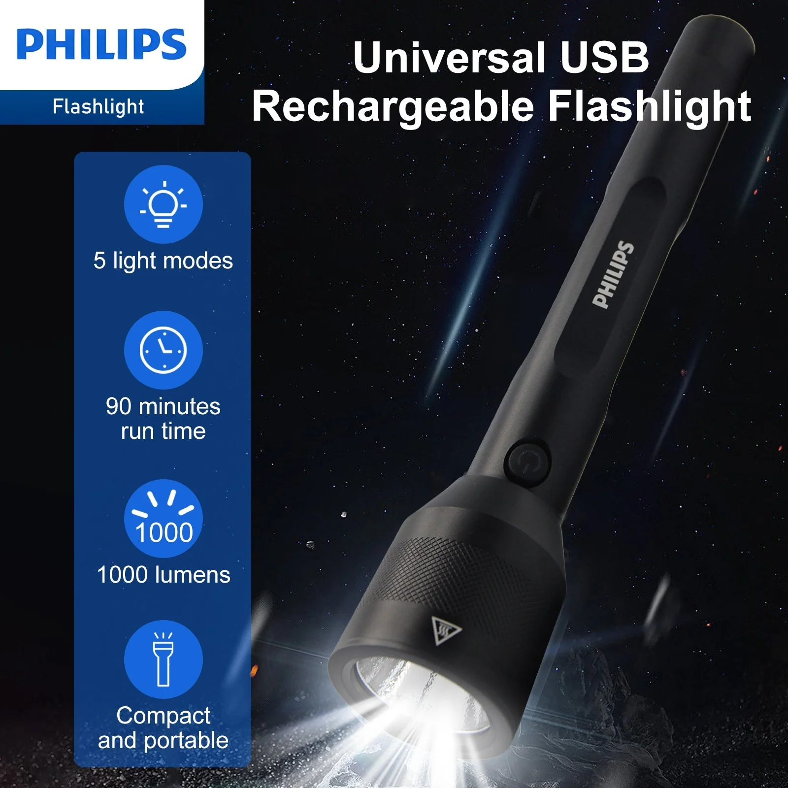 Philips SFL3602R Rechargeable LED Flashlight 1000 Lumens (Black) - Image 2