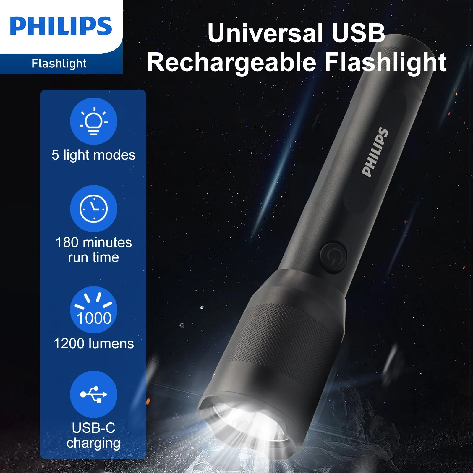 Philips SFL5805R Rechargeable LED Flashlight 1200 Lumens (Black) - Image 2
