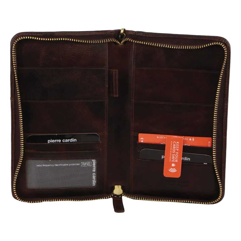 Pierre Cardin Italian Leather Passport Protected RFID Wallet 20cm Chocolate - Image 2