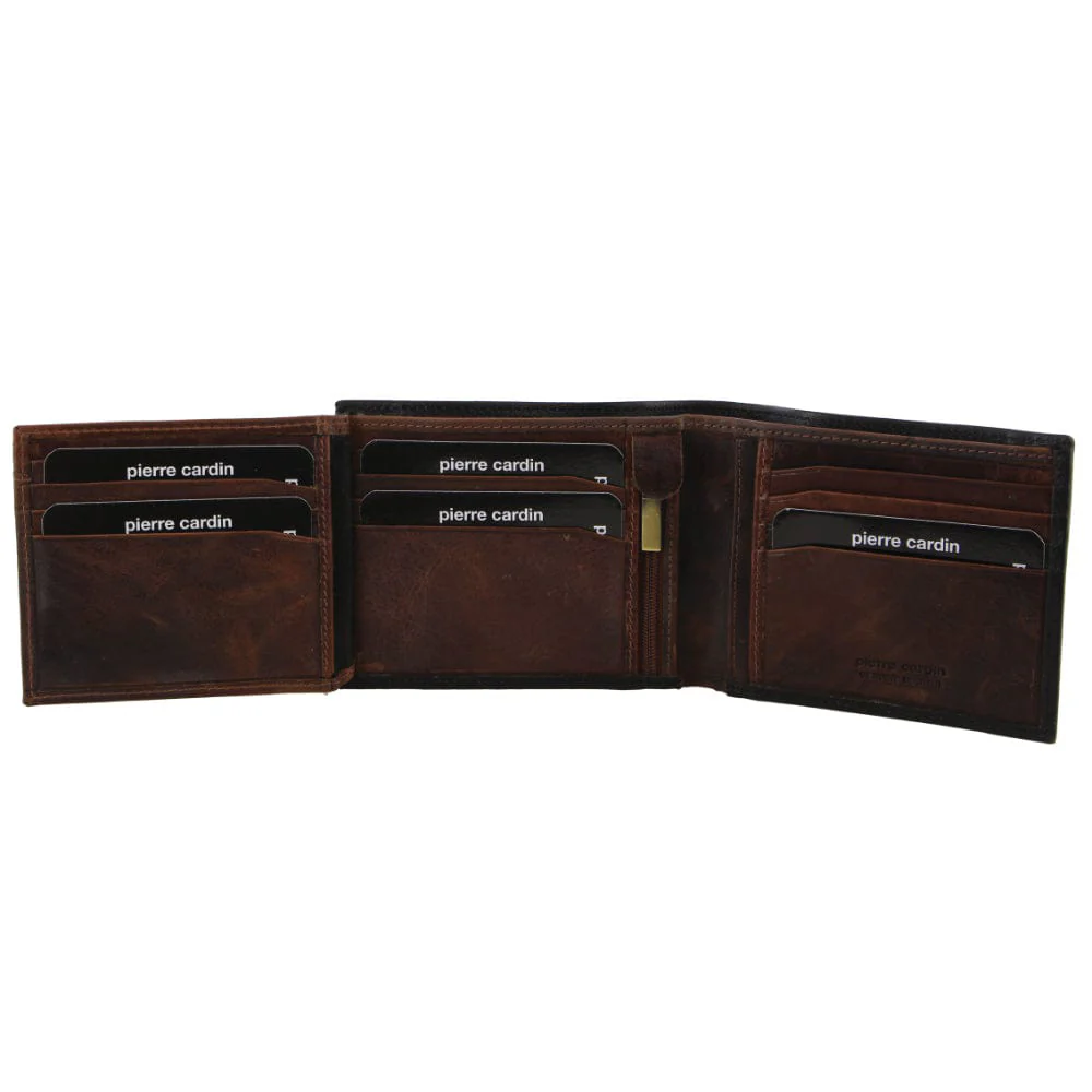 Pierre Cardin Men's Italian Leather RFID Tri-Fold Wallet 12cm Black Cognac - Image 2