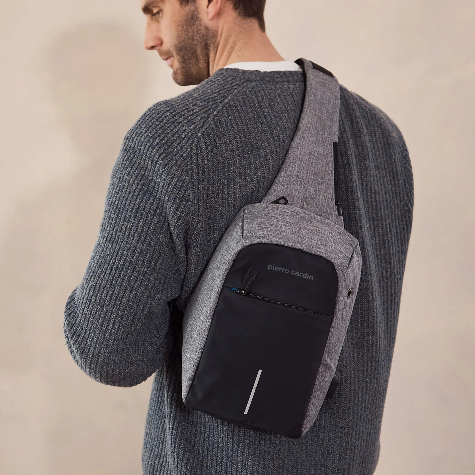 Pierre Cardin Mens Nylon Sling Bag - Grey/Black - Image 6