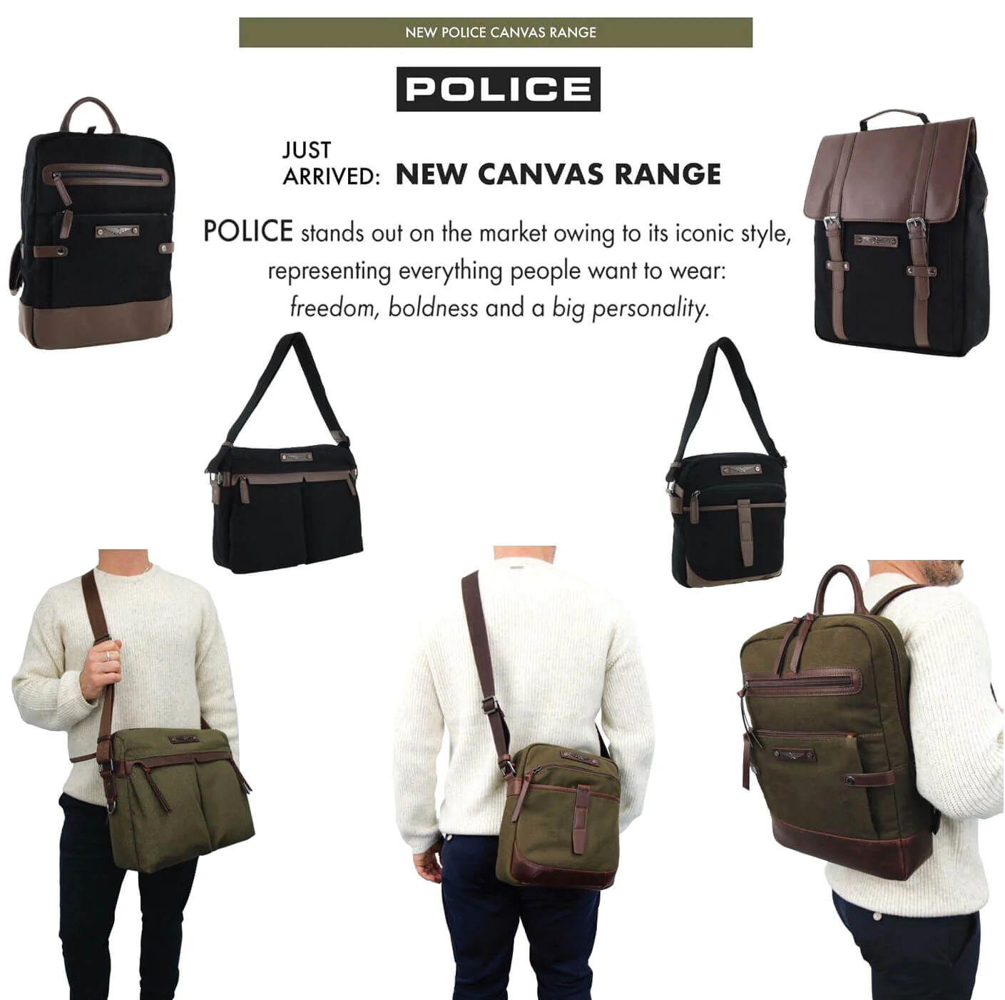 Police Rustic Men's Canvas Shoulder Crossbody Bag with Zip Pocket 29cm (Black) - Image 6