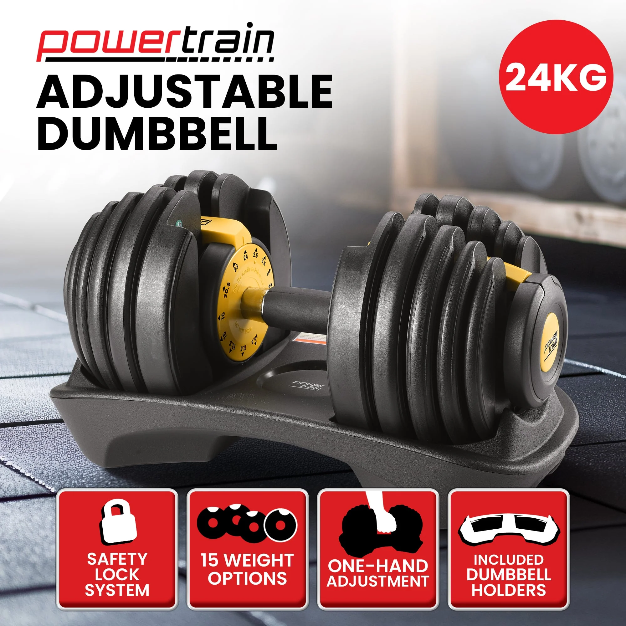 Powertrain 24kg Adjustable Dumbbell Home Gym Exercise Weights Free Workout (Gold) - Image 2