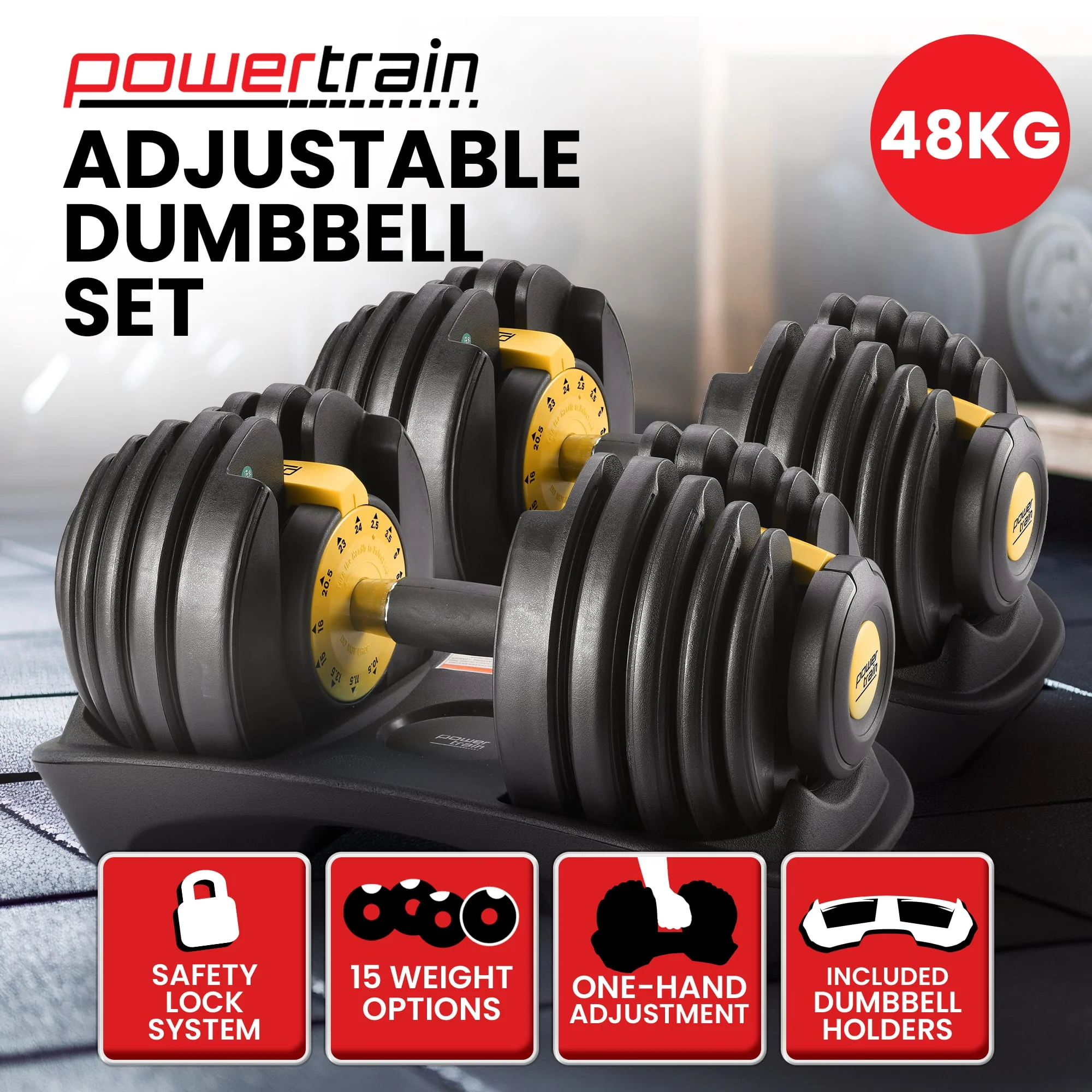 Powertrain 48kg Adjustable Dumbbell Set Home Gym Exercise Equipment Weights (Gold) - Image 2
