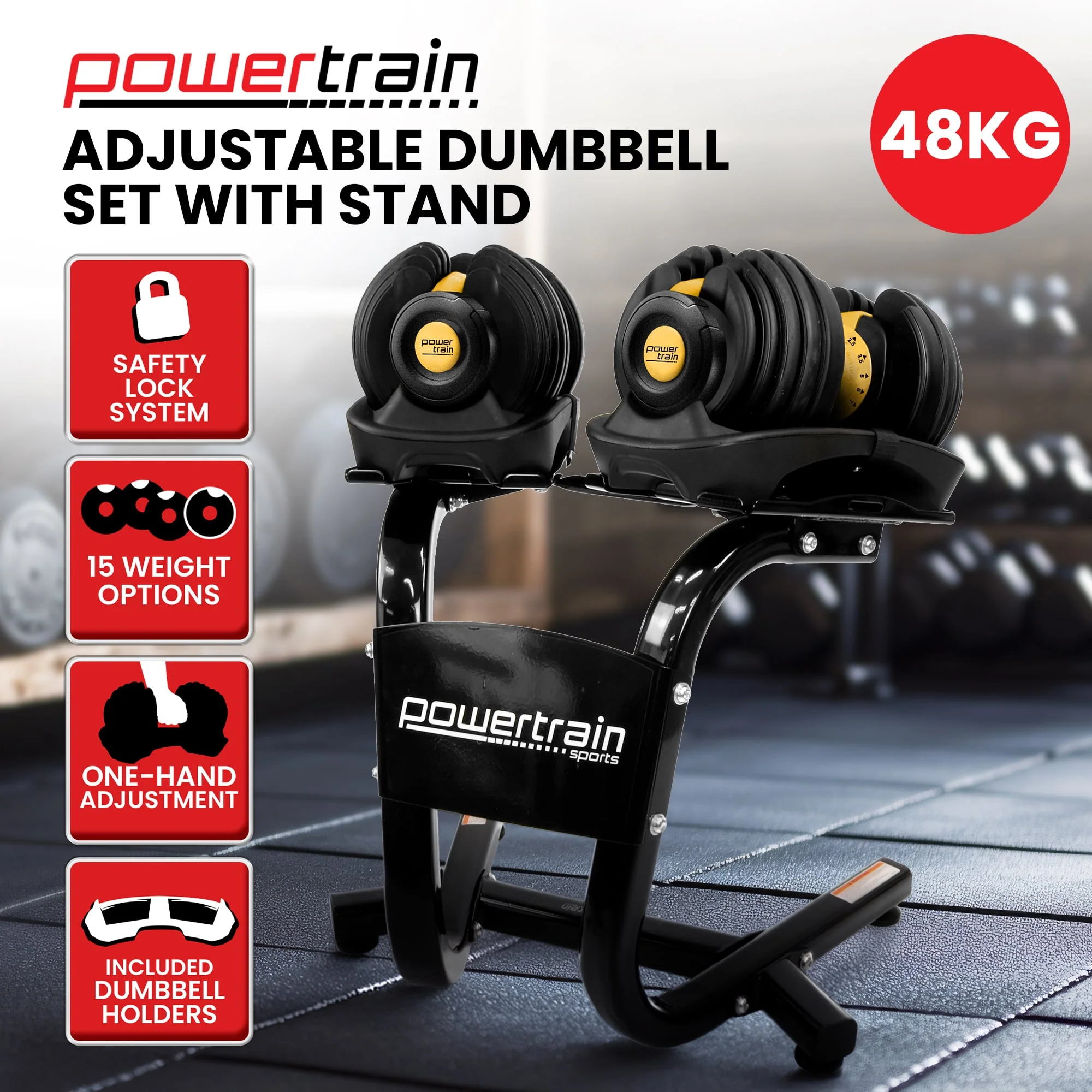 Powertrain Adjustable Dumbbells Set Home Gym Exercise Free Weights 48kg with Stand (Gold) - Image 2