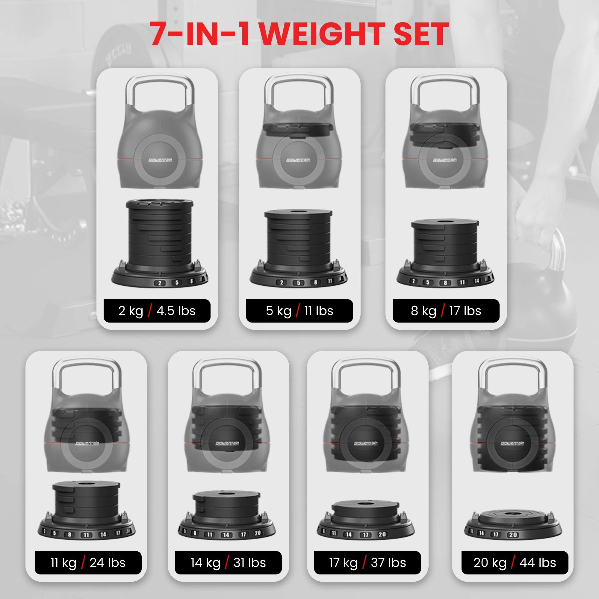 Powertrain Adjustable Kettlebell 20kg 7-in-1 Set - Image 4