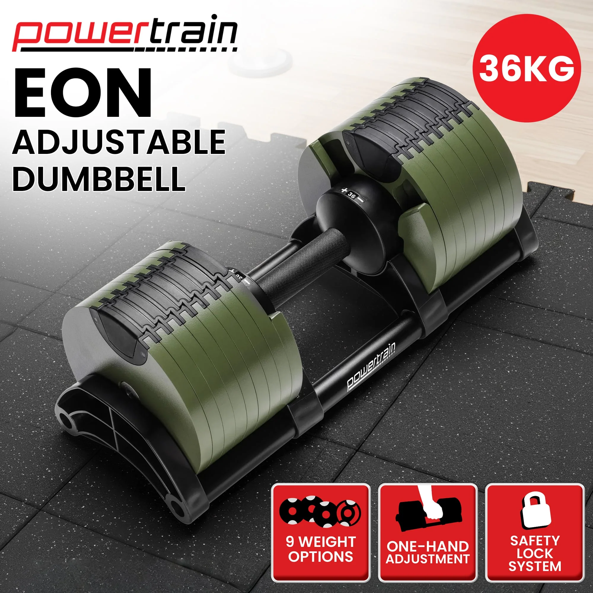 Powertrain Eon Dial Up 36KG Adjustable Dumbbell - Green - Image 2
