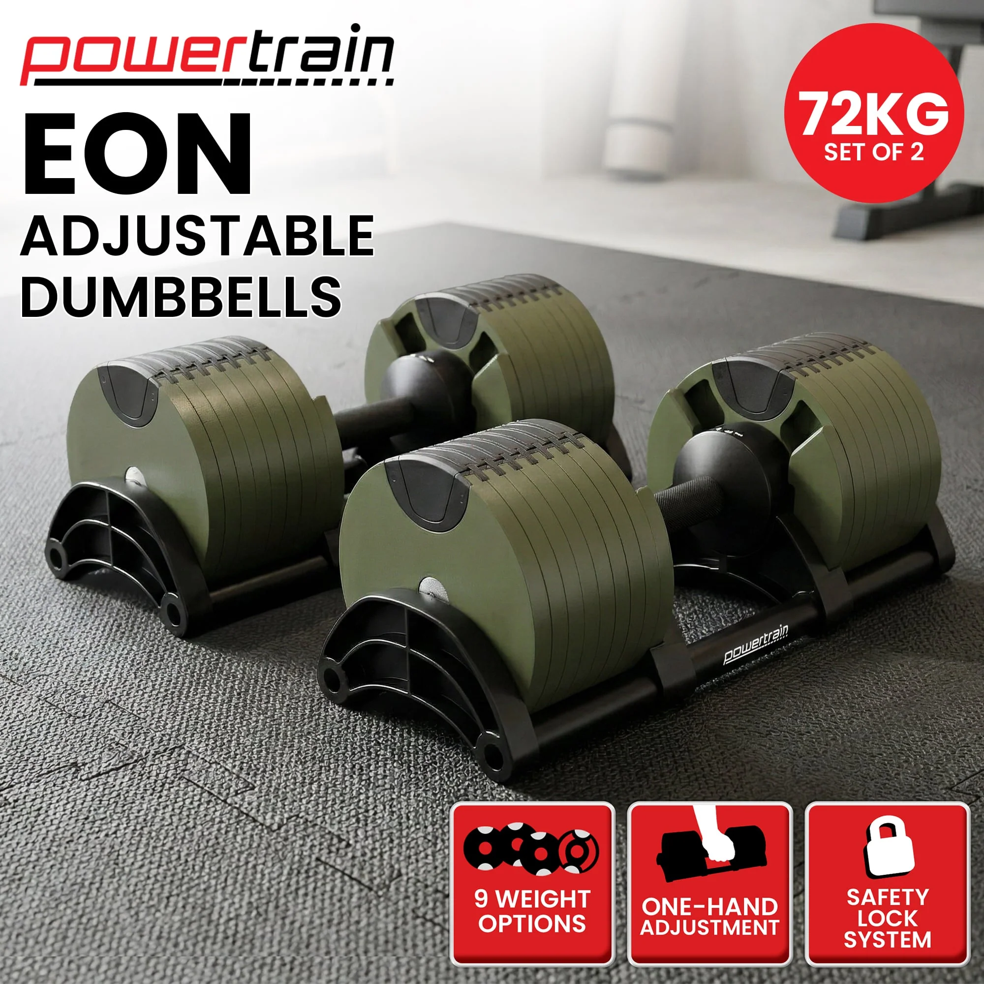 Powertrain Eon Dial Up 72KG Adjustable Dumbbells Pair - Green - Image 2