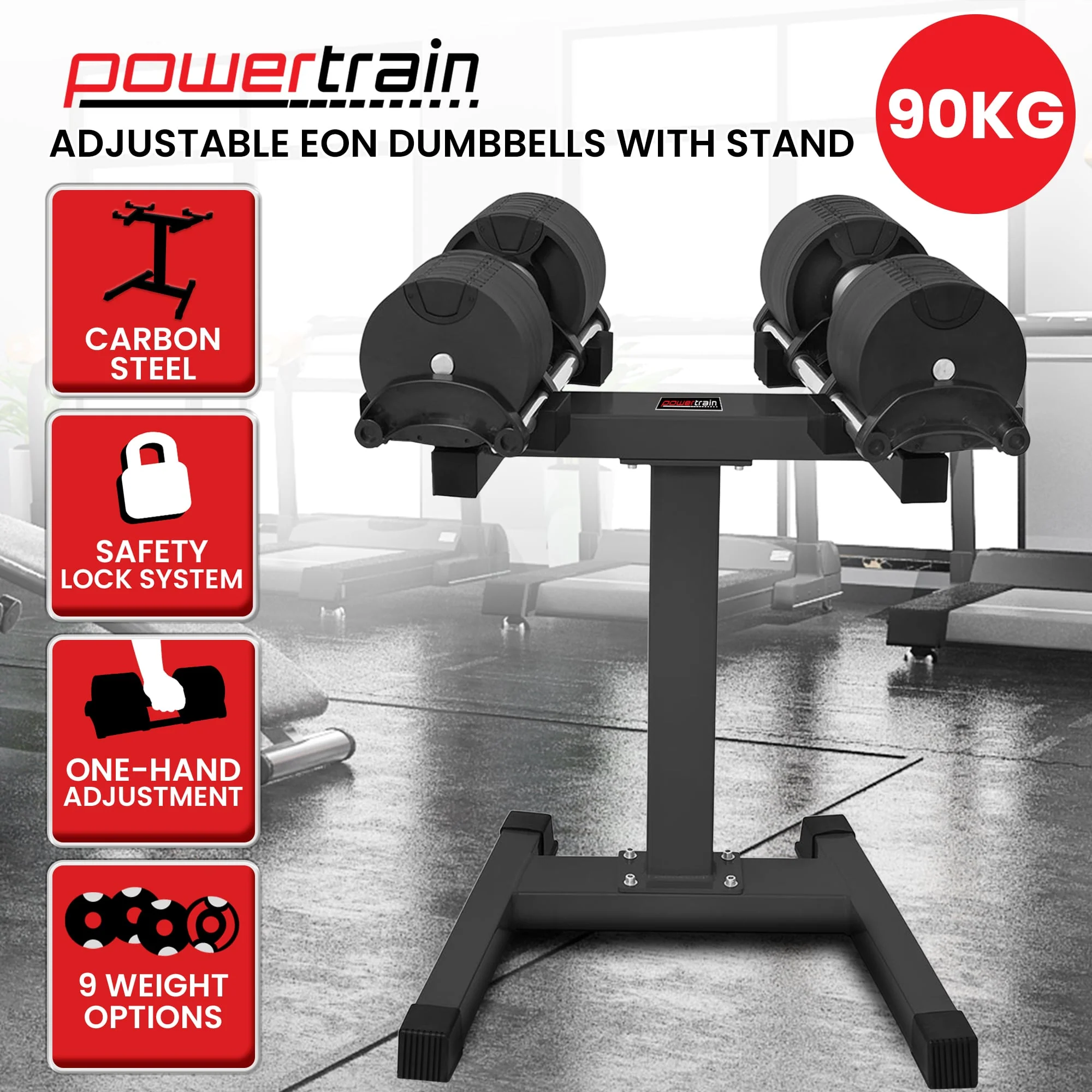Powertrain Eon Dial Up 90KG Adjustable Dumbbells Pair with Stand - Black - Image 10