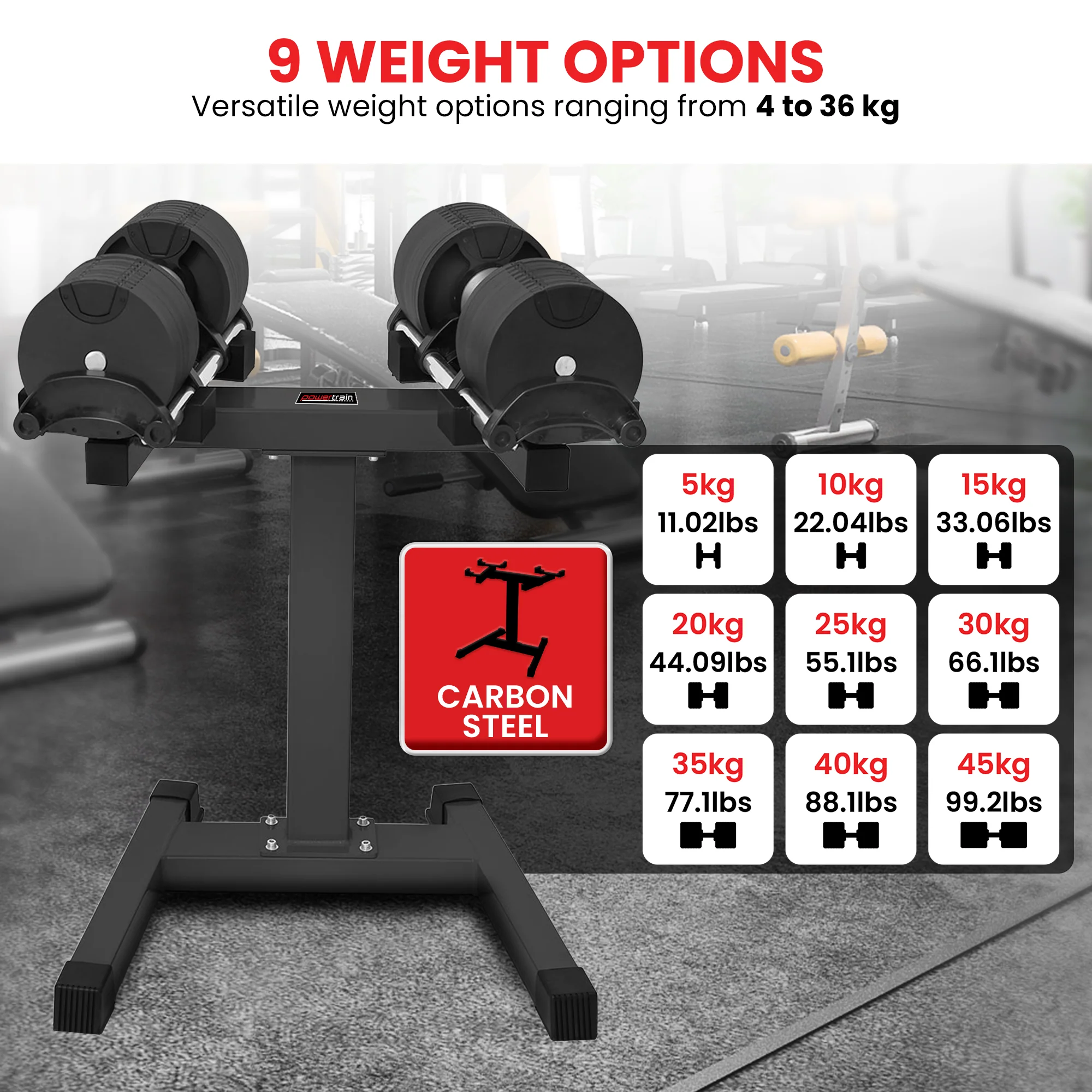 Powertrain Eon Dial Up 90KG Adjustable Dumbbells Pair with Stand - Black - Image 8