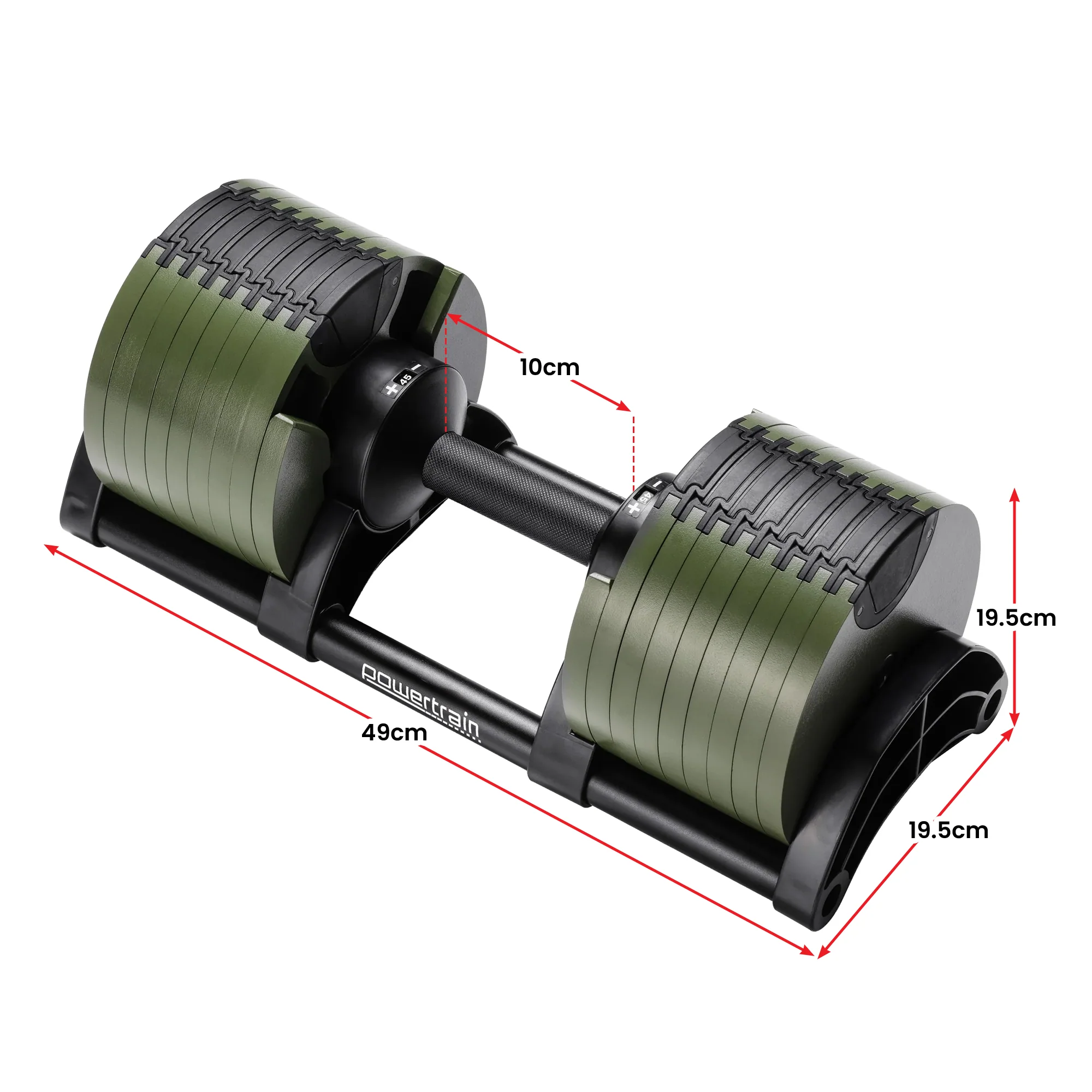 Powertrain Eon Dial Up 90KG Adjustable Dumbbells Pair with Stand - Green - Image 2