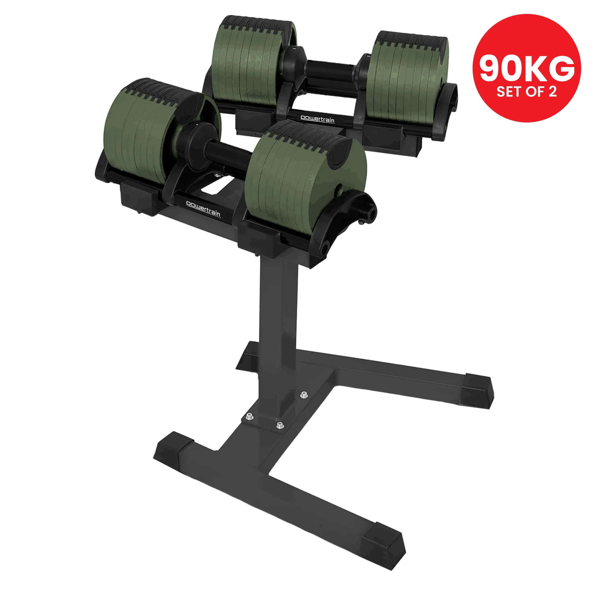 Powertrain Eon Dial Up 90KG Adjustable Dumbbells Pair with Stand - Green - Image 9