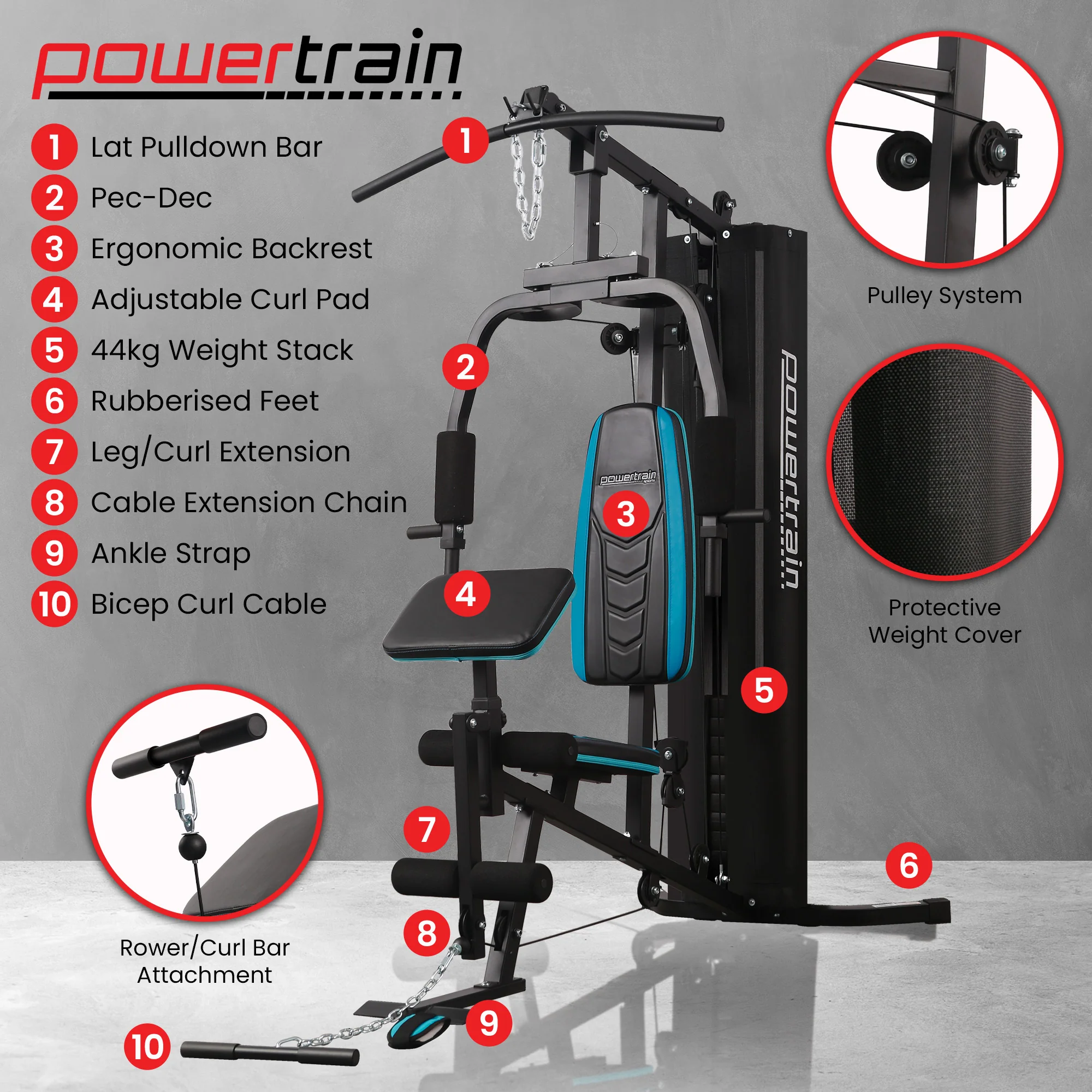 Powertrain JX-300 Multi Station Home Gym 44kg Weight Cable Machine - Image 2