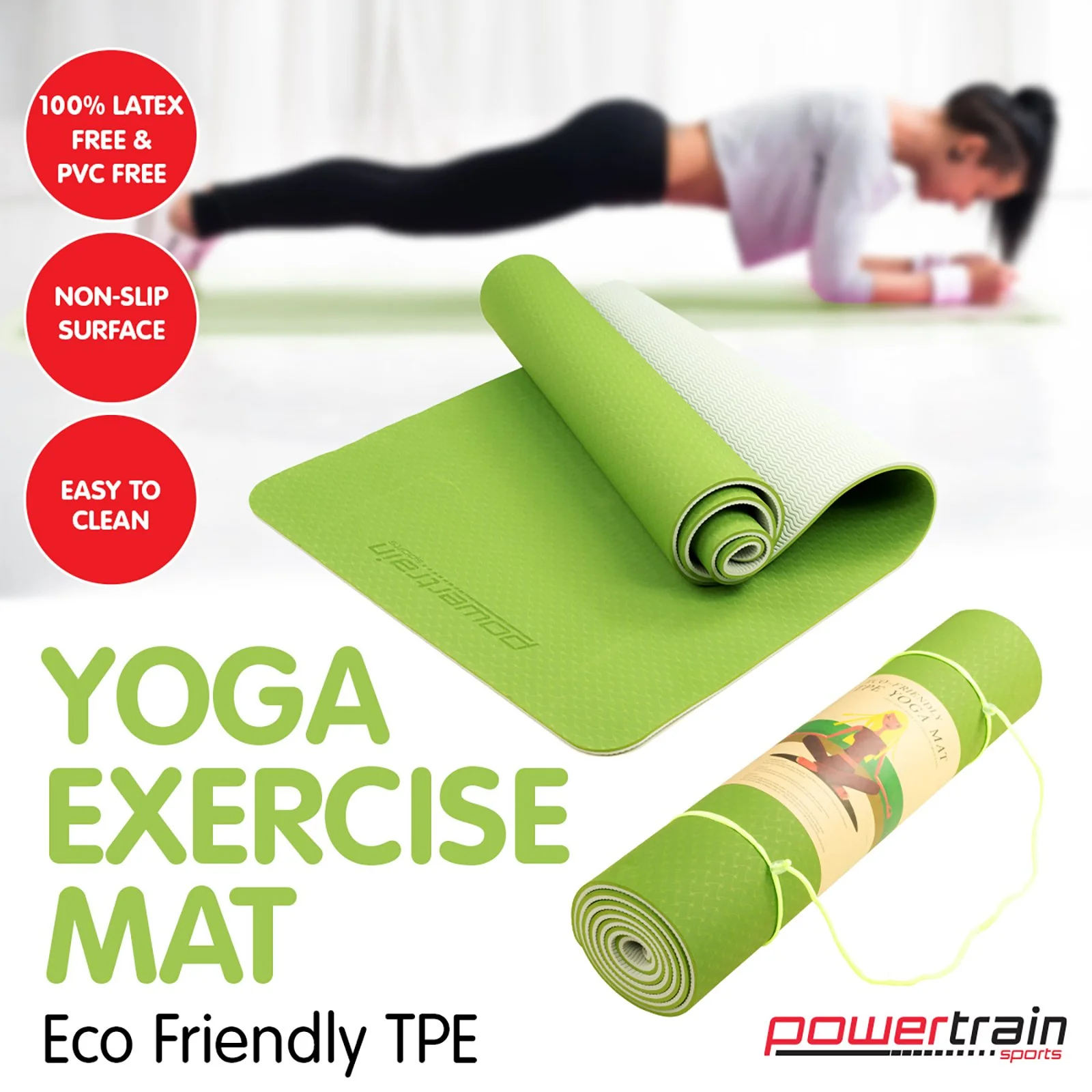Powertrain TPE Yoga Exercise Mat Home Gym Pilates Fitness 8mm Thick in Green - Image 5