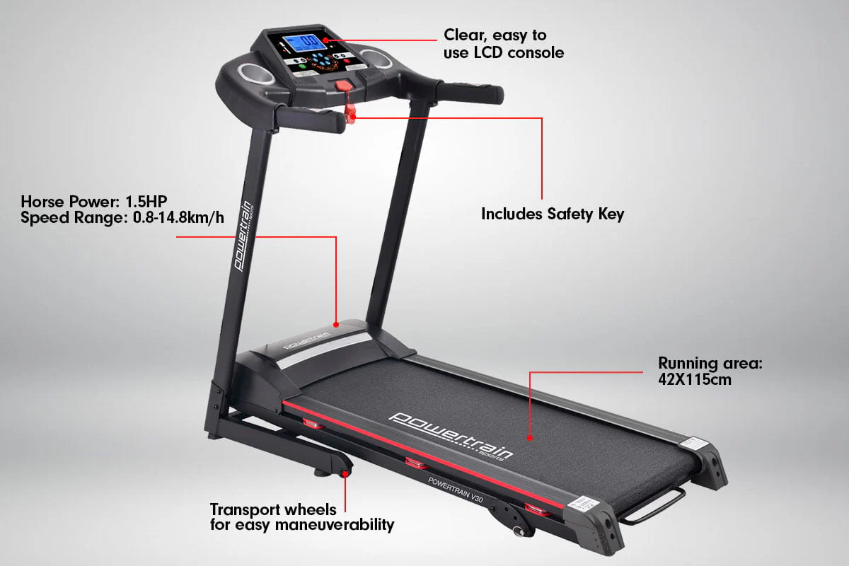 Powertrain V30 Foldable Treadmill 420mm Running Belt 14.8kmh Speed 3 Level Incline12 Programs USB AUX - Image 9