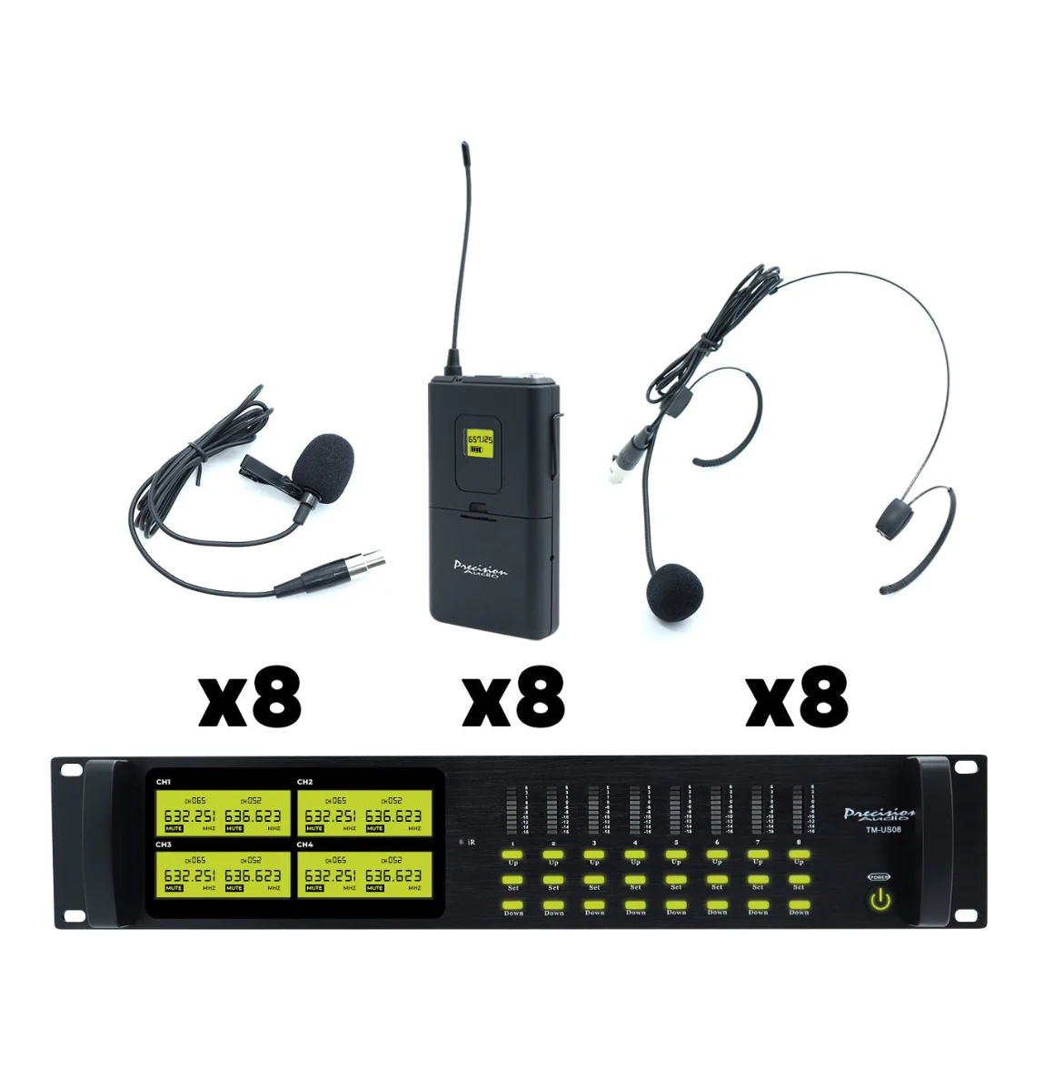 Precision Audio 8 Channel UHF Wireless Headset Microphone System Rack Mount LCD Display