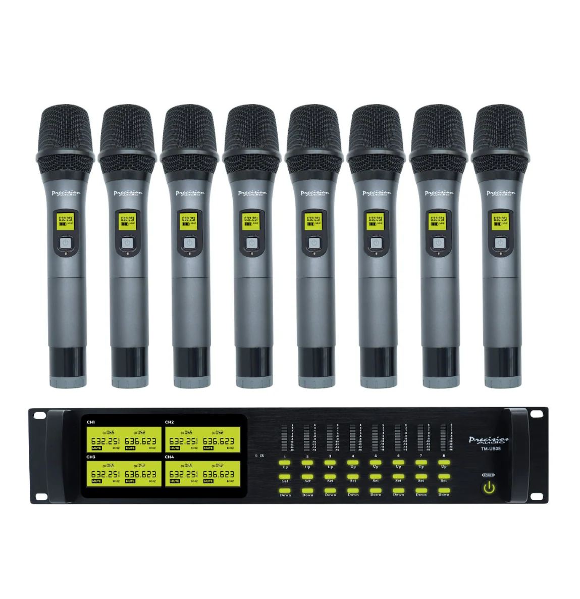 Precision Audio 8 Channel UHF Wireless Microphone System Rack Mount LCD Display