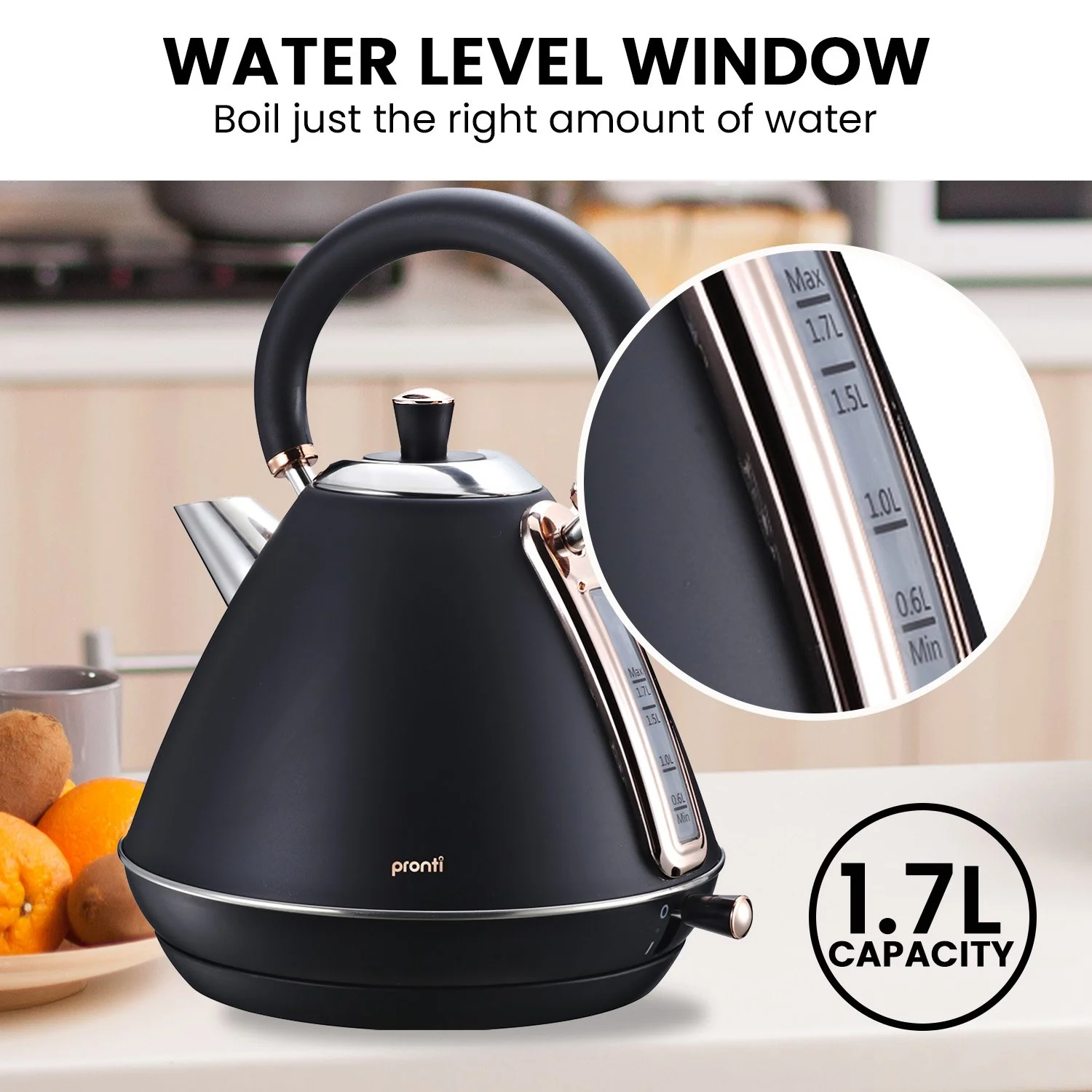 Pronti 1.7L Rose Trim Collection Kettle Stainless Steel (Black) - Image 7