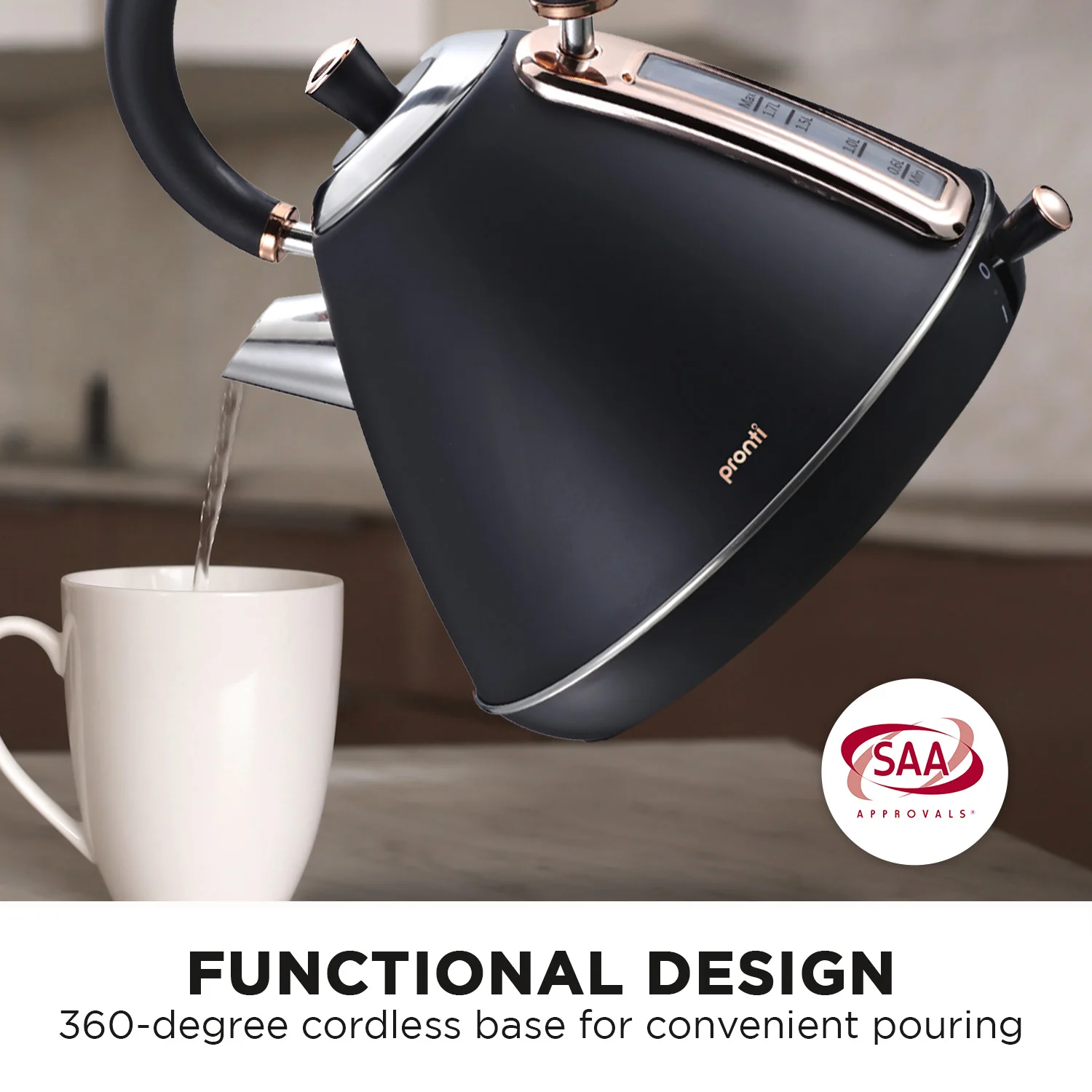 Pronti 1.7L Rose Trim Collection Kettle Stainless Steel (Black) - Image 8