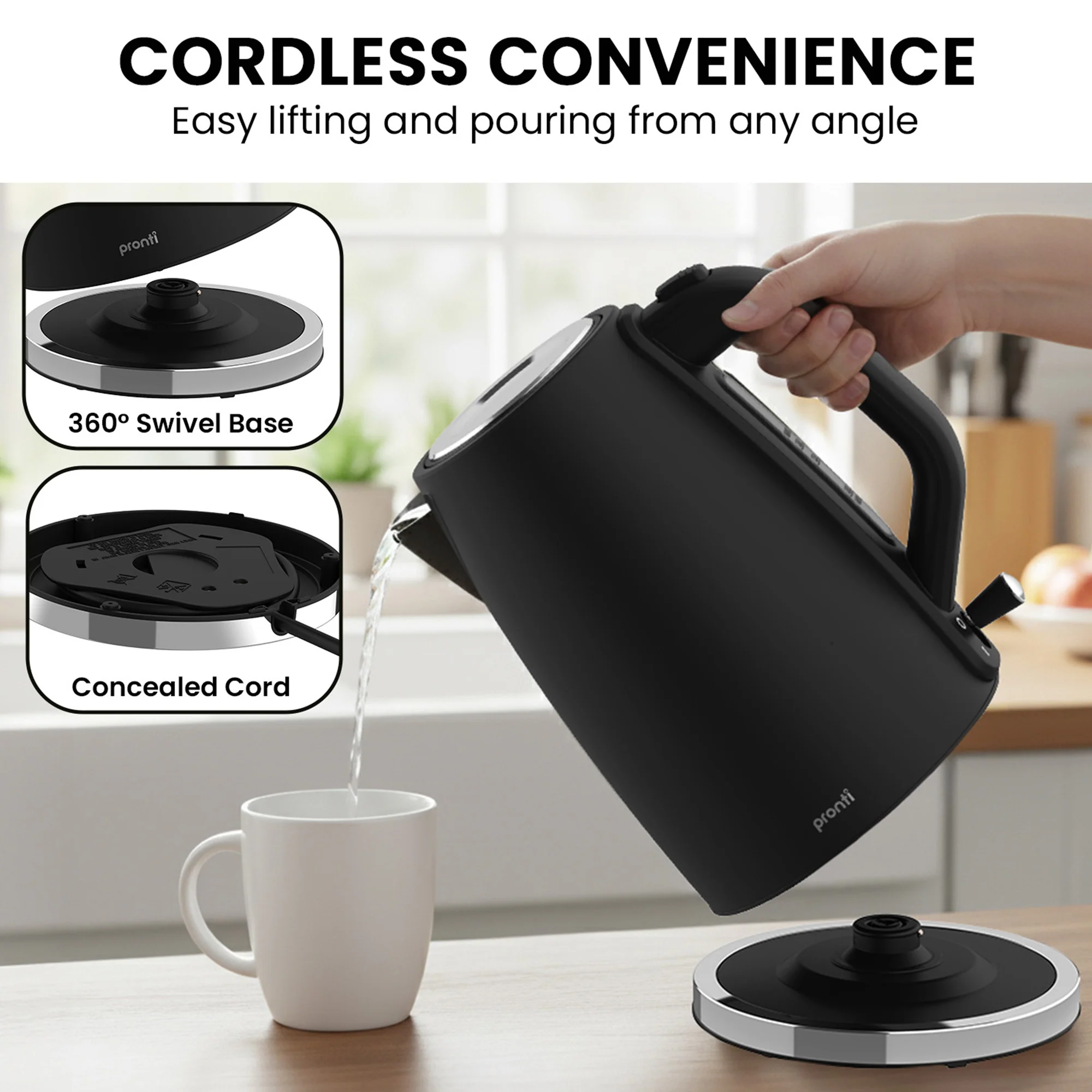Pronti Breakfast Set with 1.25L Coffee Machine, Silver Noir Toaster & Kettle - Image 10
