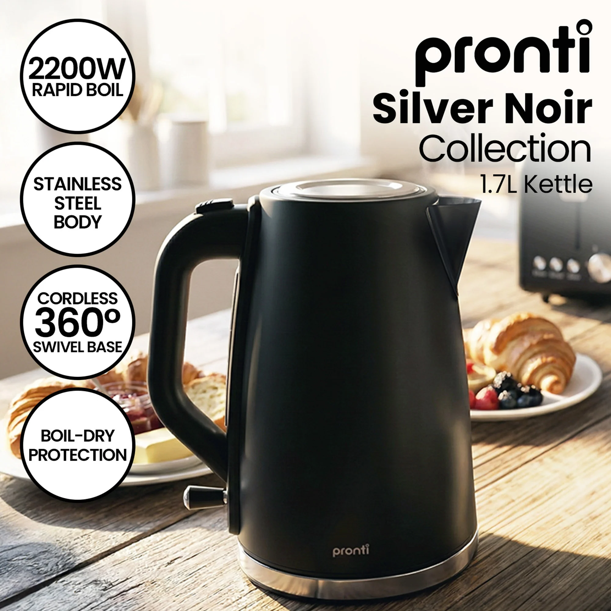 Pronti Breakfast Set with 1.25L Coffee Machine, Silver Noir Toaster & Kettle - Image 3