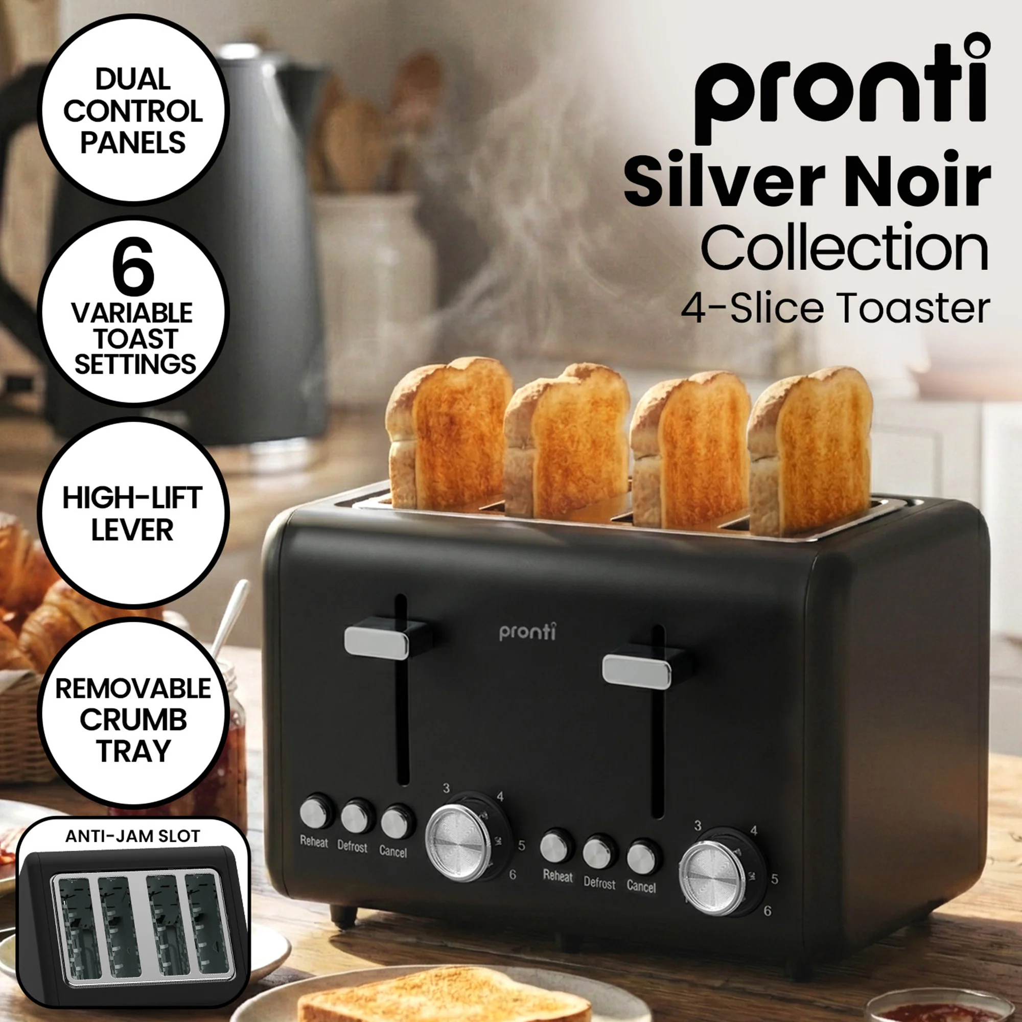 Pronti Breakfast Set with HomeMaid Coffee Machine, Silver Noir Toaster & Kettle - Image 4