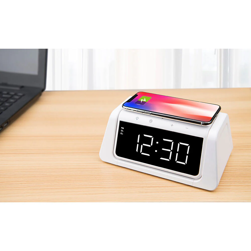 Rewyre Alarm Clock USB-C 5V 10W Qi Wireless Charger with UV Lamp (White) - Image 2