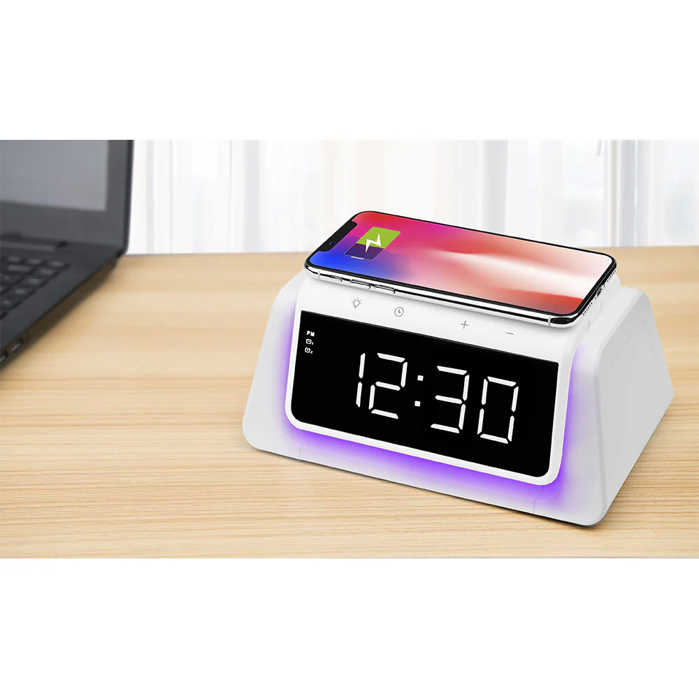 Rewyre Alarm Clock USB-C 5V 10W Qi Wireless Charger with UV Lamp (White) - Image 9