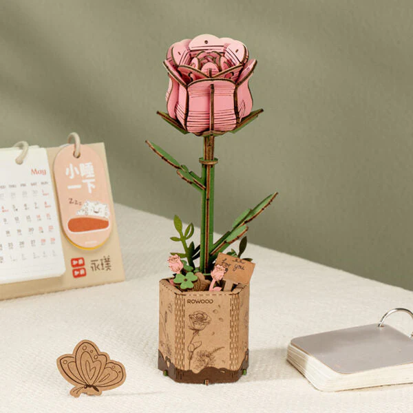 Robotime Wood Bloom Pink Rose - Image 3
