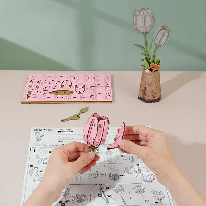 Robotime Wood Bloom Pink Tulip - Image 3