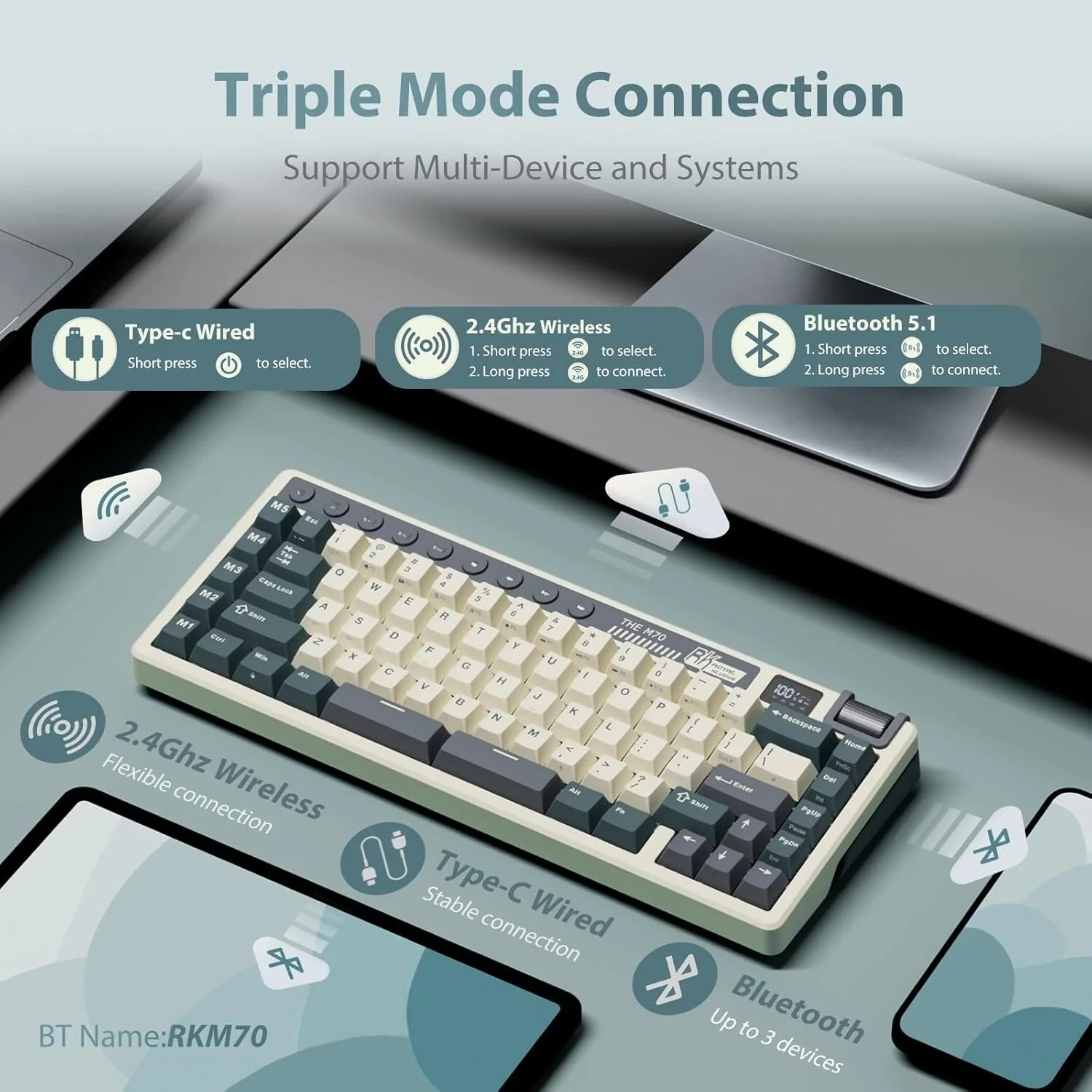 Royal Kludge RK M70 Tri Mode RGB Hot Swap Mechanical Keyboard with TFT Screen - Image 3