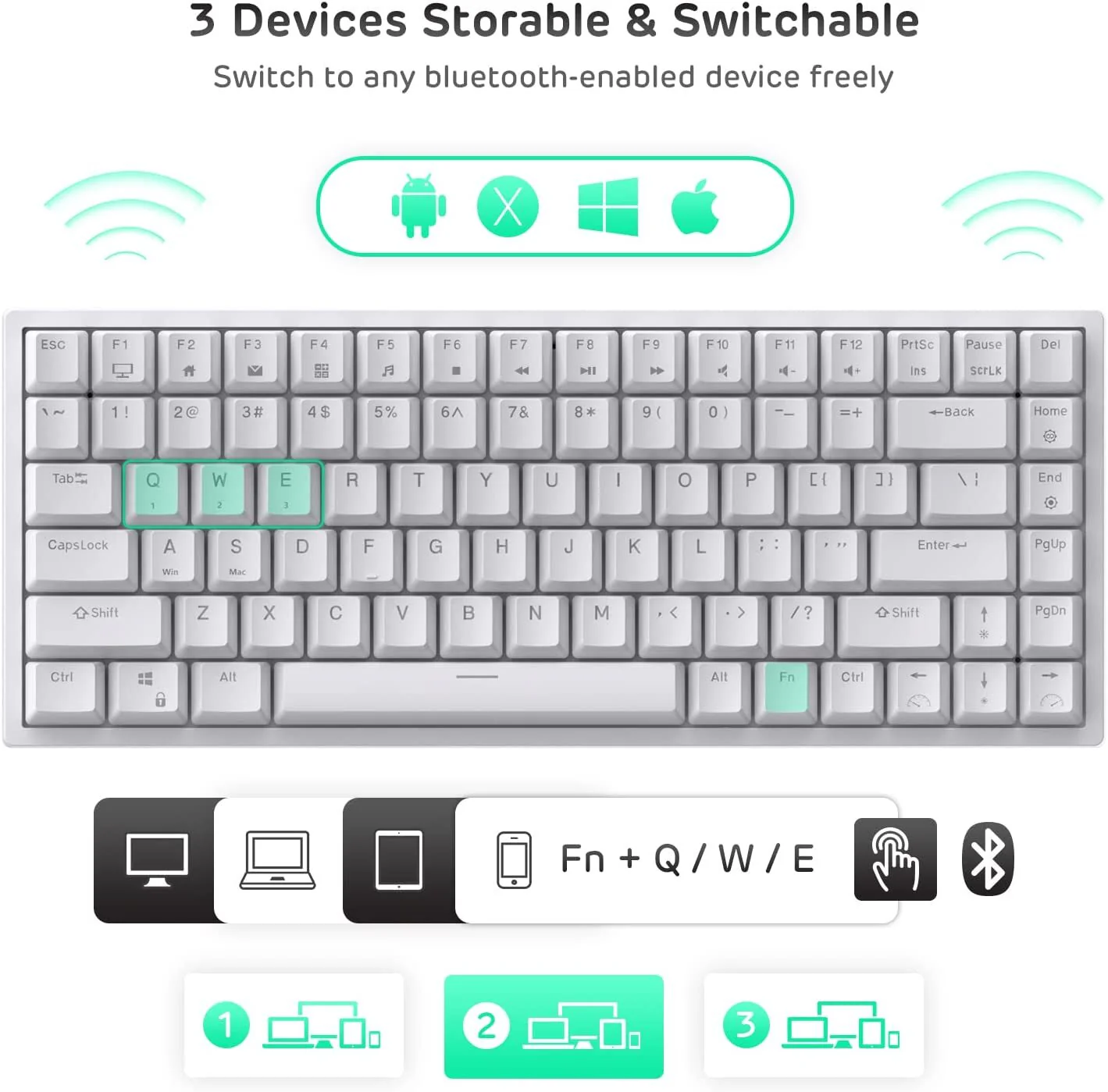 Royal Kludge RK84 RGB Tri Mode Hot-Swappable Mechanical Keyboard (White with Blue Switch) - Image 5