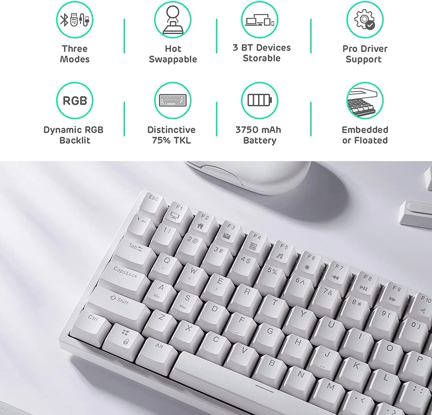 Royal Kludge RK84 Tri Mode RGB Hot Swap Mechanic Keyboard (White - Red Switch) - Image 2