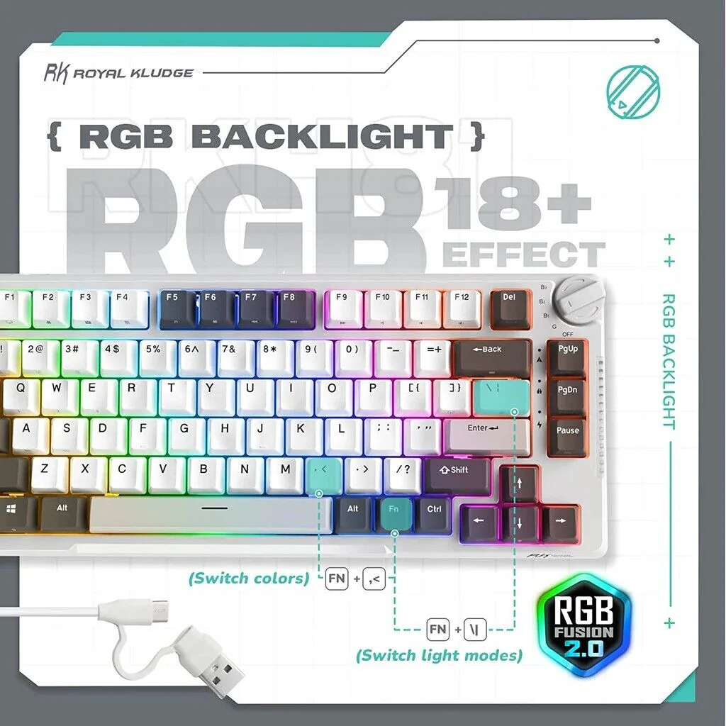 Royal Kludge RKH81 Tri Model RGB Hot Swap Mechanical Keyboard (White with Blue Switch) - Image 3