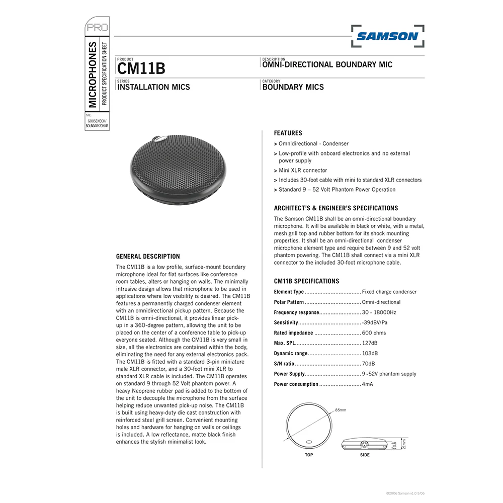 Samson CM11B Omni-Directional Surface Boundary Microphone (Black) - Image 3