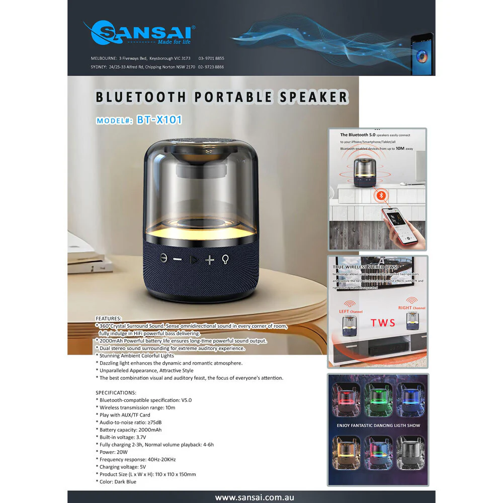 Sansai 14.5cm Wireless Bluetooth Speaker 20W RGB (Colorful) - Image 2