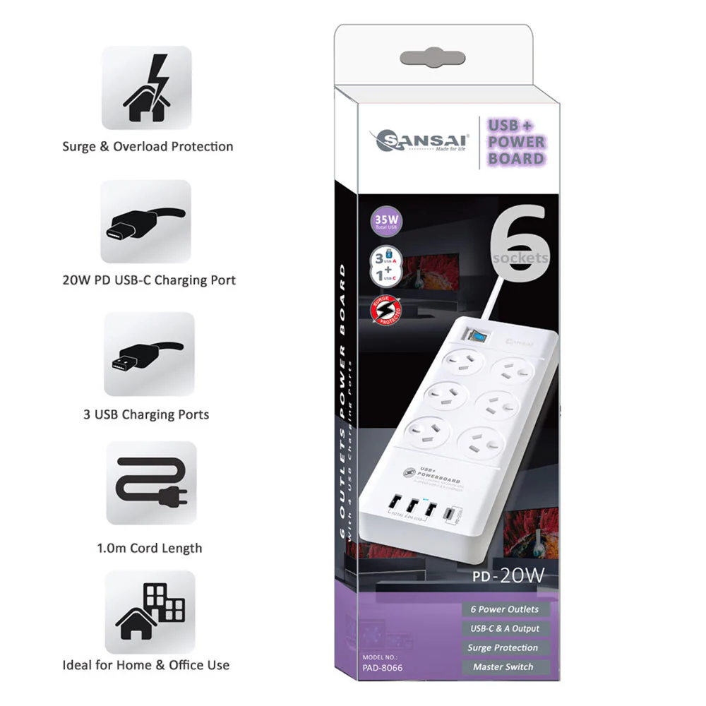 Sansai 6-Way 2400W Surge Protector Power Board with USB-A & USB-C Ports - Image 3