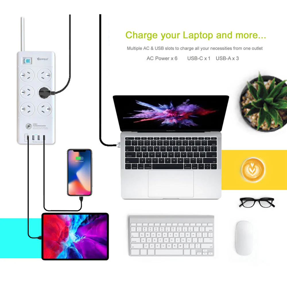 Sansai 6-Way 2400W Surge Protector Power Board with USB-A & USB-C Ports - Image 4