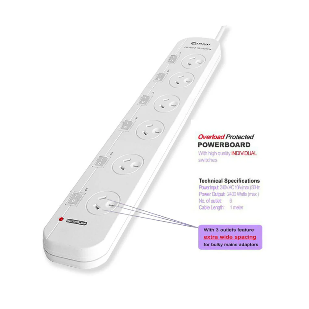 Sansai 6 Way Individually Switched Outlets Powerboard - Image 3