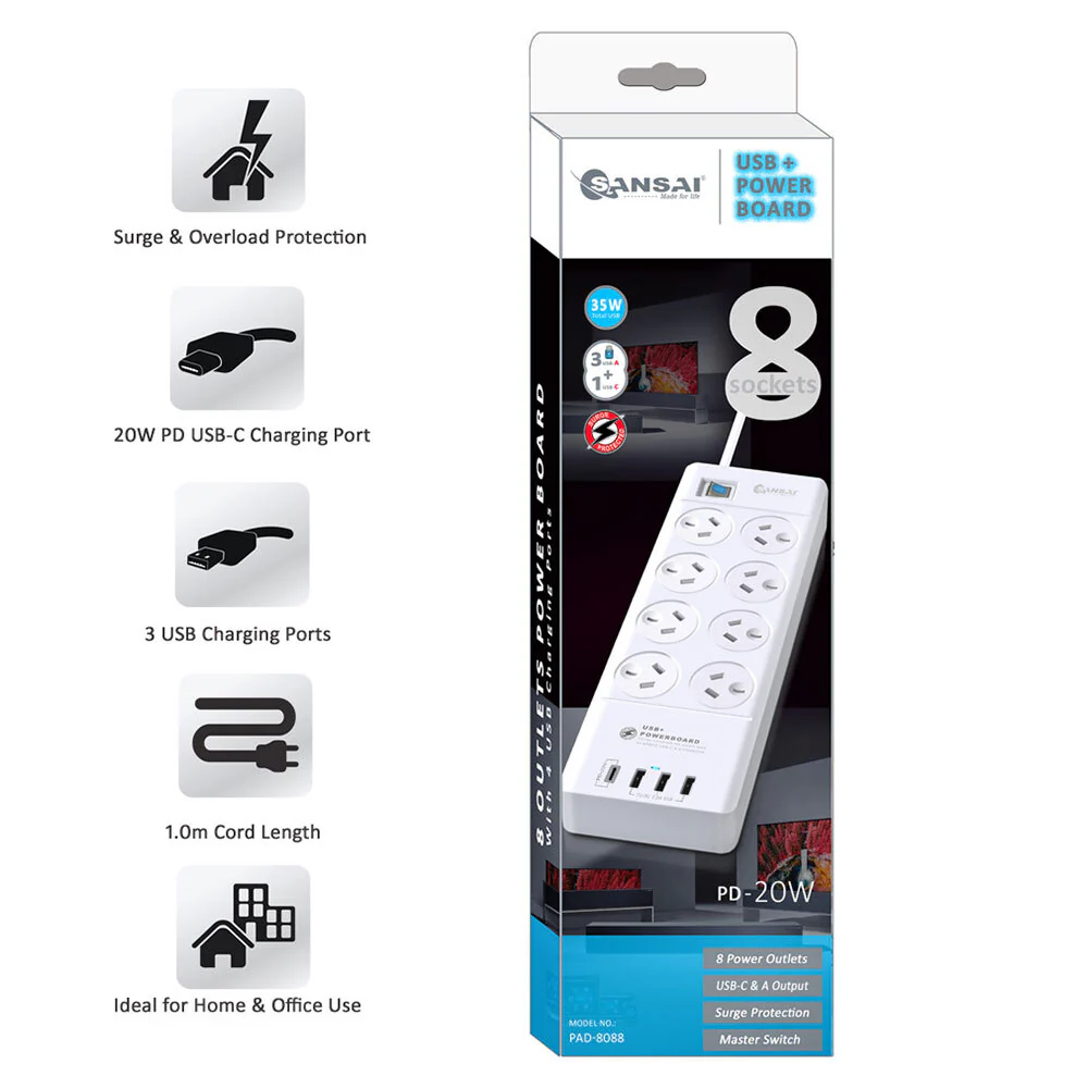Sansai 8-Way Power Outlet USB-A and USB-C Surge Protector 2400W - Image 3